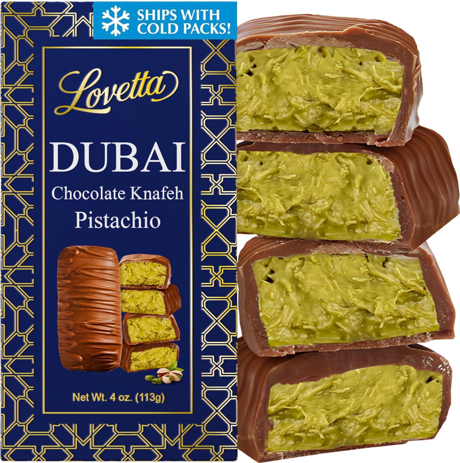 Lovetta Chocolate Dubai Chocolate Bar Pistachio Knafeh - Luxury Rich Milk Chocolate, Individually Wrapped Fresh, Premium Pistachio Cream Katafi Filling (1 Pack)