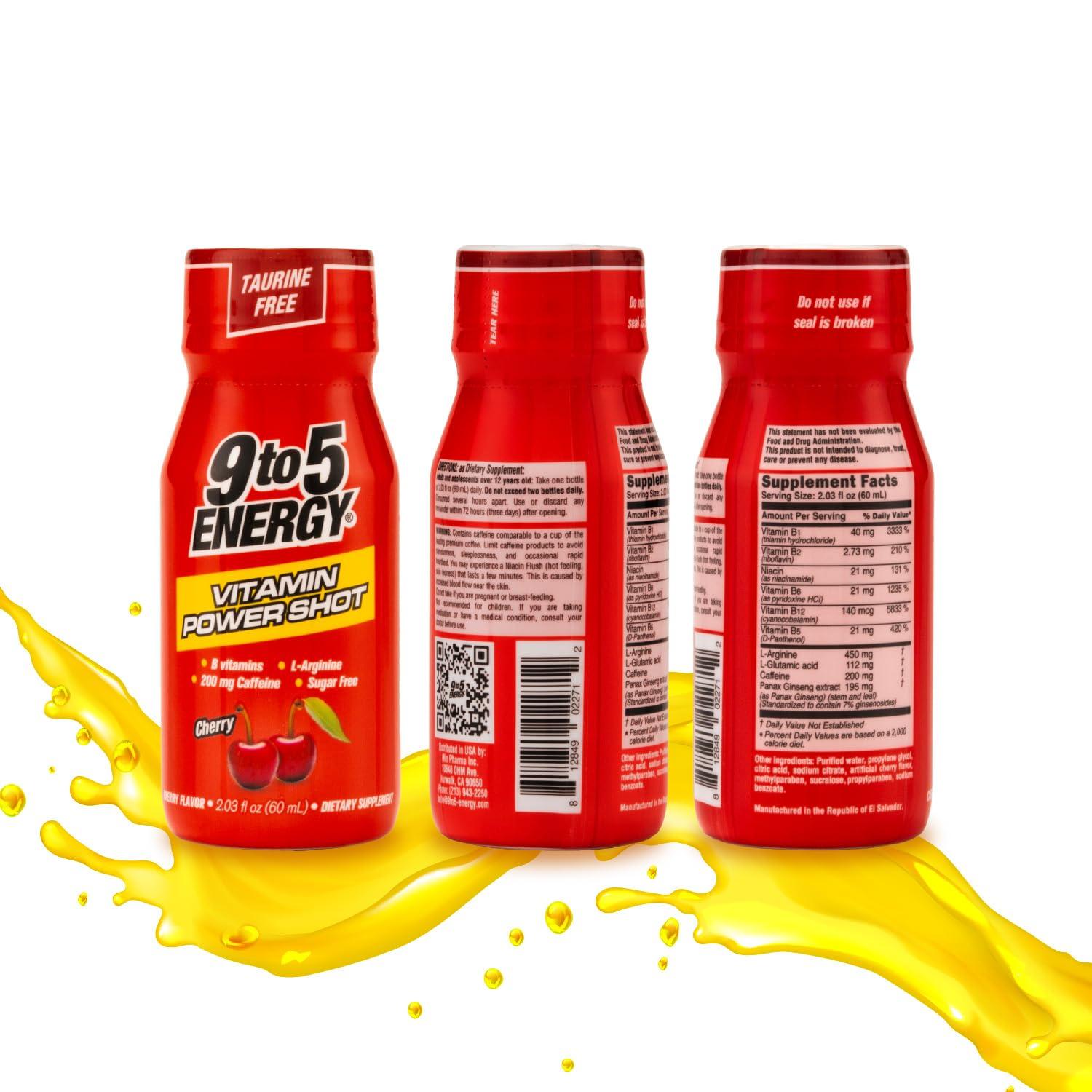 9TO5 ENERGY 9TO5 ENERGY Vitamin Power Shot - Cherry Flavor, Taurine-Free, Sugar-Free, 12 Pack (2.03 fl oz Each) - Boost Energy, Focus, and Vitality with B Vitamins and L-Arginine