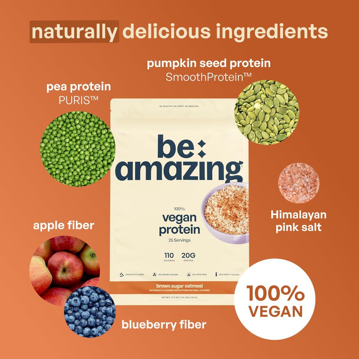 BEAM BEAM Be Amazing Vegan Protein Powder | 20g Plant-Based Protein with Prebiotics Fibers | Sugar-and-Gluten-Free Shake Mix, Low Carb Non-Dairy Smoothie | Brown Sugar Oatmeal, 25 Servings