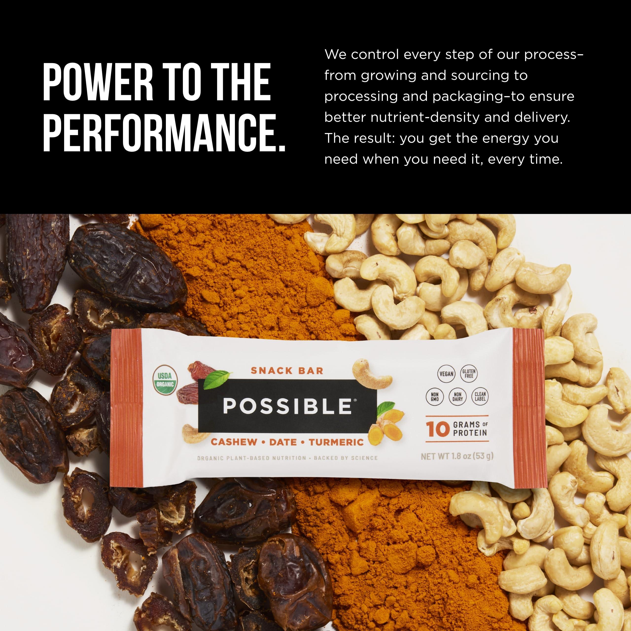 Possible POSSIBLE Snack Bar - Organic Energy Bars with 10g of Plant-Based Protein - Vegan, Gluten-Free, Non-Dairy, USDA Organic - Healthy Fats - Clean Label - 1 Box, 12 Servings - Cashew Date Turmeric