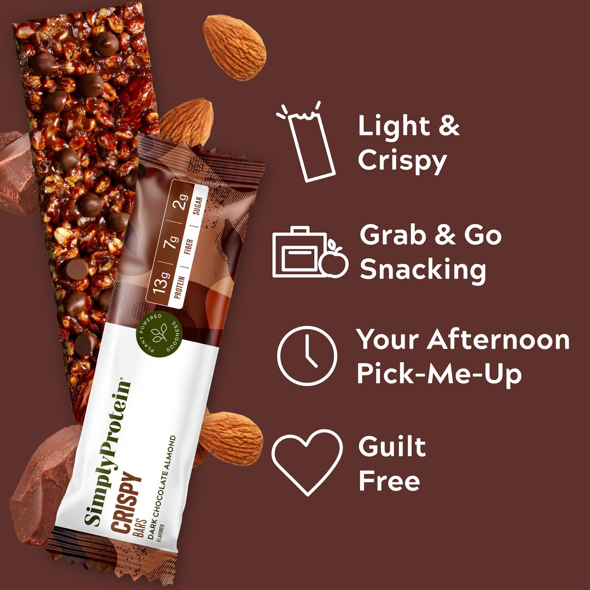 Simply Protein Simply Protein - Dark Chocolate Almond Crispy Bars - Plant Based Protein Bars - Low Carb, Low Sugar, High Fiber - 13g Protein, 2g Sugar, 7g Fiber - Vegan, Gluten Free, Non GMO, Kosher - 8 Bars