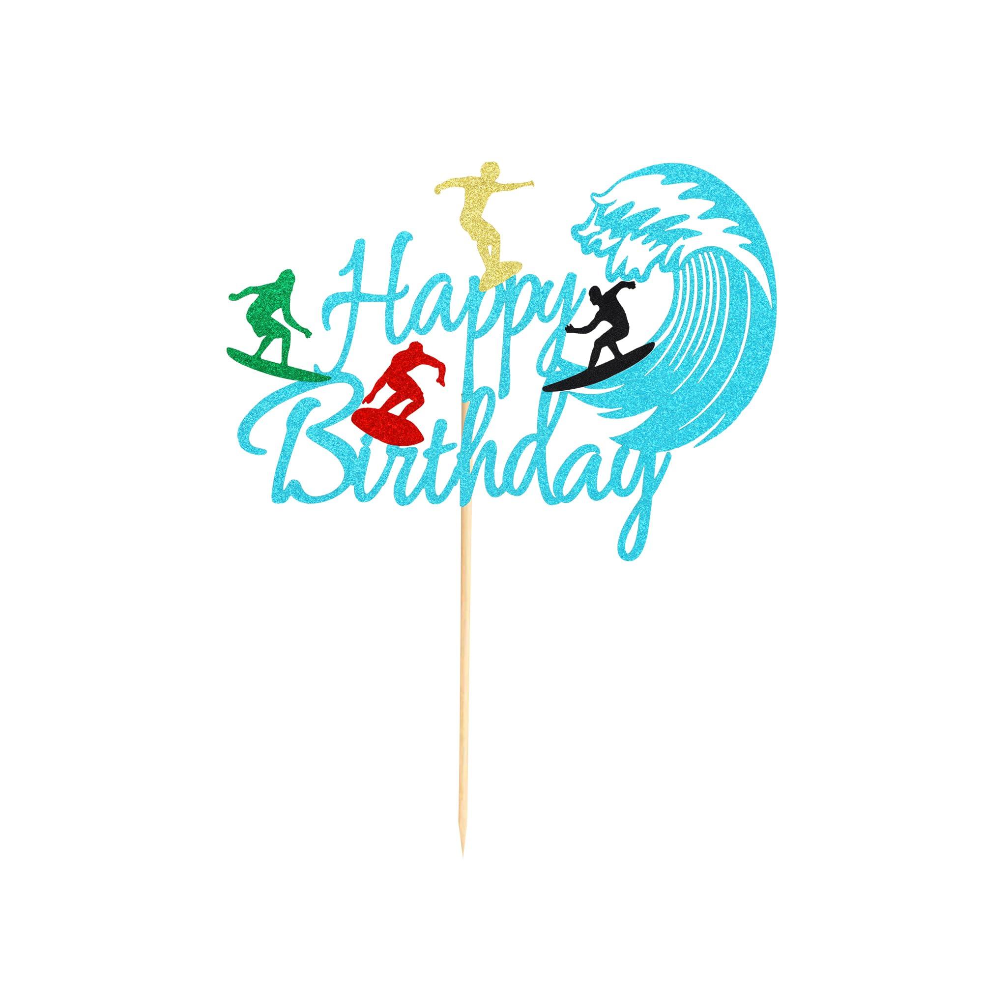 Arthsdite Arthsdite 1 Pc Surfing Happy Birthday Cake Topper, Surfboard Birthday Cake Topper for Summer Hawaii Beach Surfing Sports Surfer Themed Party Decorations - Blue Glitter