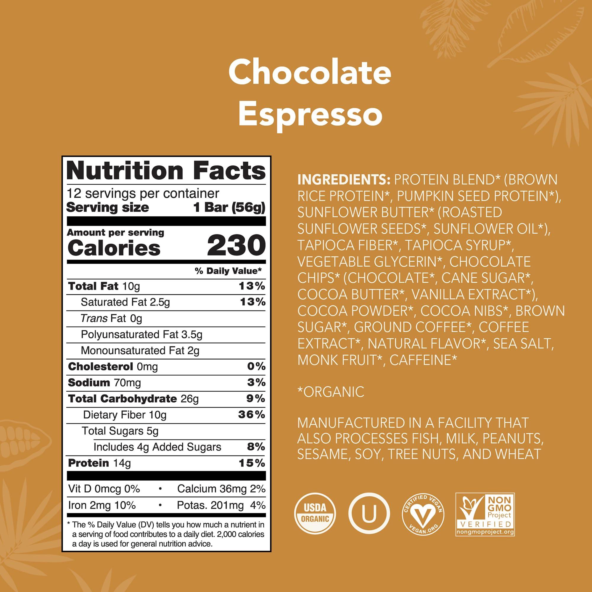 ALOHA ALOHA Organic Plant Based Protein Bars - Chocolate Espresso (85mg Caffeine) - 12 Bars, Vegan, Low Sugar, Gluten-Free, Paleo, Low Carb, Non-GMO, No Stevia, No Erythritol