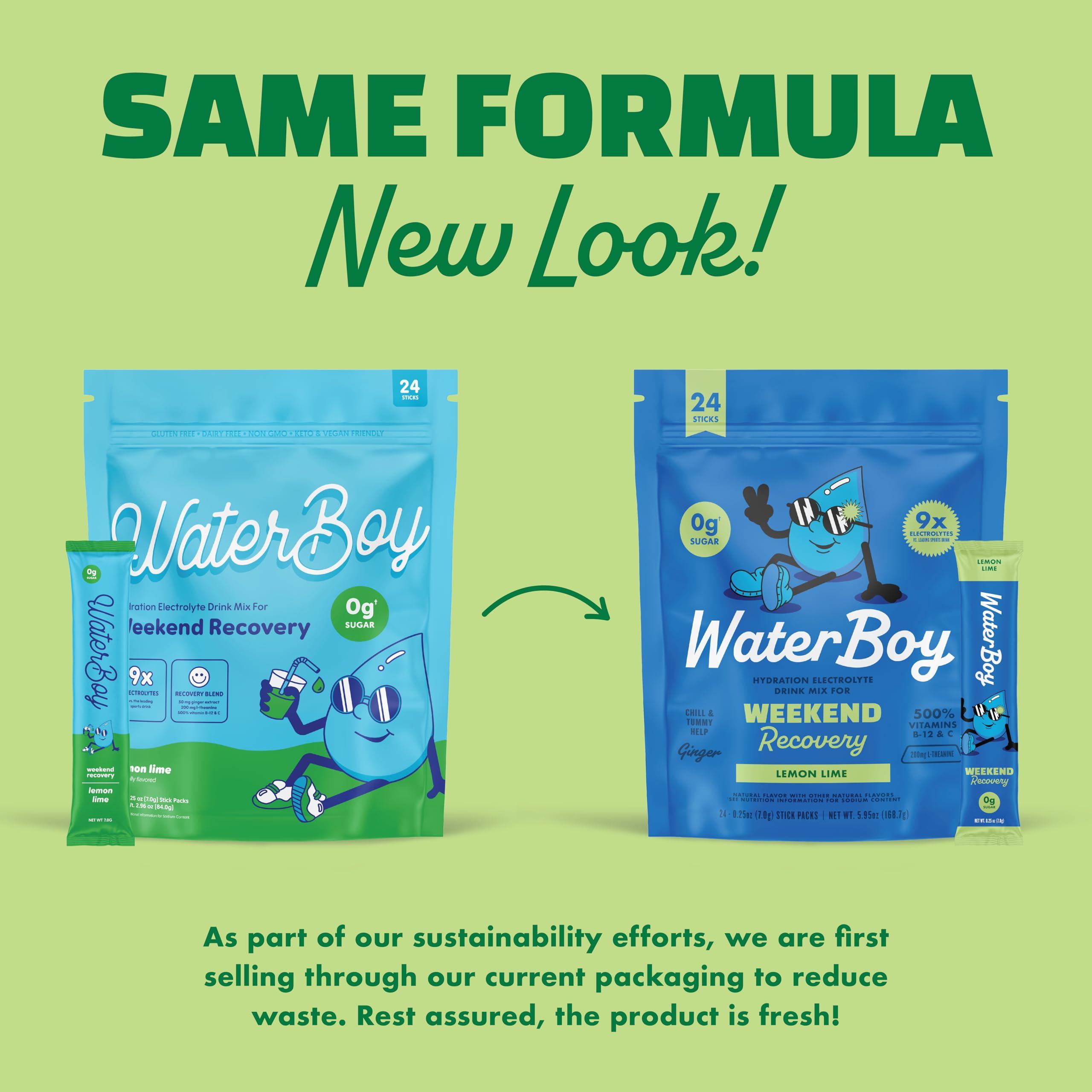 Waterboy Waterboy Weekend Recovery | 3,200mg Electrolyte Powder Packets | Ginger + L-Theanine + Vitamins | No Sugar, All Natural, Gluten Free | 24 Drink Stick Mixes (Lemon Lime)