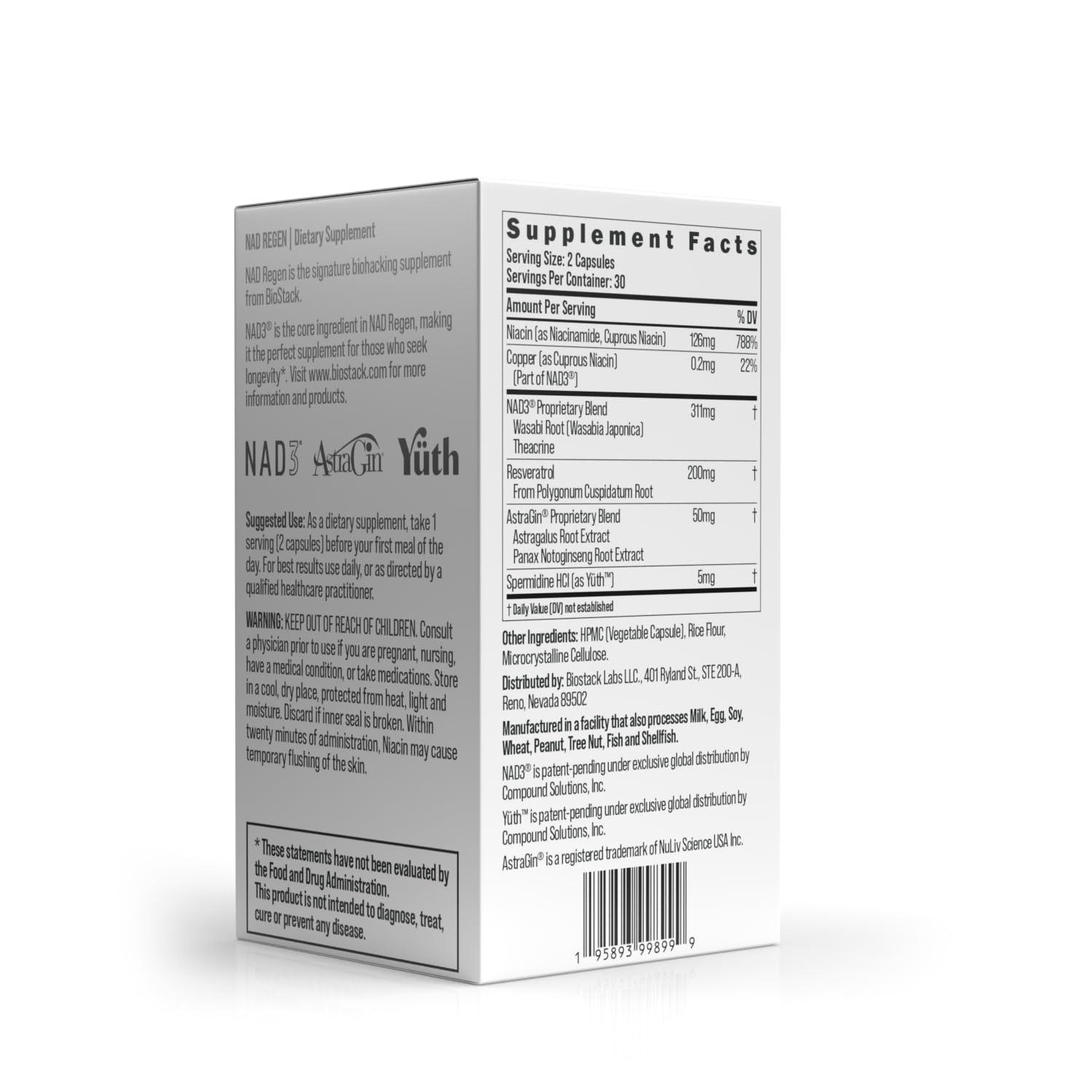 BIOSTACK BIOSTACK NAD Regen, NAD+ Supplement for Anti-Aging, Natural Energy, Cell Regeneration & Brain, Boosts Nicotinamide Riboside, Vegan Friendly NAD Supplement with Resveratrol (60 Capsules)