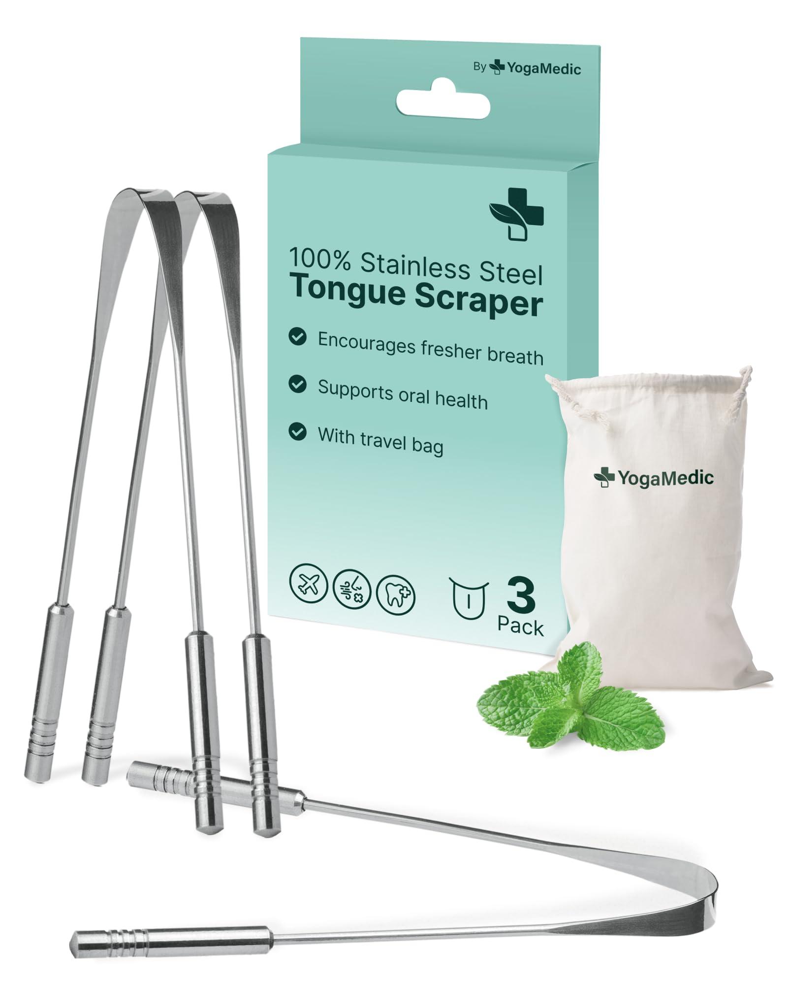 YOGAMEDIC Yoga Medic Tongue Scraper for Adults & Kids, 100% Stainless Steel (3 Pack)- Fight Bad Breath- Reusable Tongue Cleaner with Travel Case- Gentle Handle- Mouth Freshener- Get Rid of Coated Tonge- U Shape