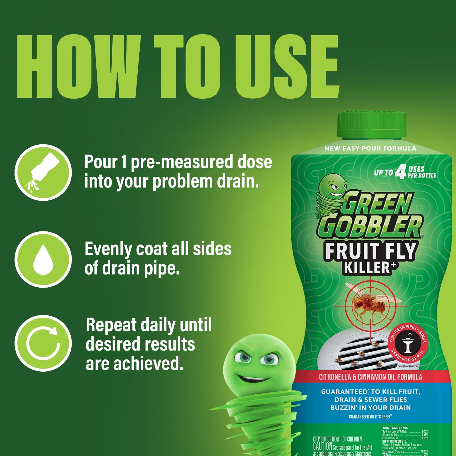 Green Gobbler Green Gobbler Fruit Fly Killer+ - Kills Fruit Flies, Drain Flies & Sewer Flies, Gel Treatment for Use in Sinks & Pipes - Safe for Septic Systems, 32oz - Up to 8 USES (2 Pack)