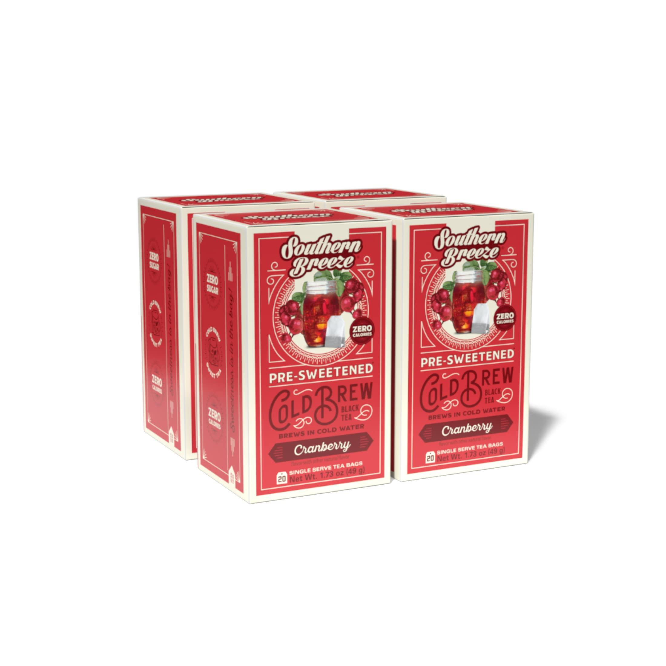 Southern Breeze Southern Breeze Cold Brew Sweet Tea Cranberry Iced Tea with Black Tea and Zero Carbs Zero Sugar, 20 Individually Wrapped Tea Bags Pack of 4