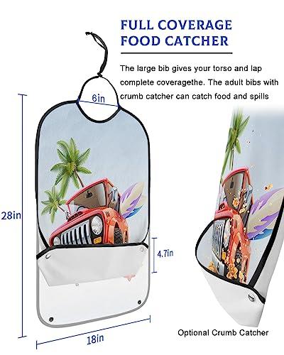 Sabolny Summer Beach Adult Bib for Eating with Crumb Catcher,Washable & Waterproof Terry Cloth Adjustable Elderly Women Men Adult Bibs Funny Apron Reusable Clothing Protector Red Truck Ski Camping Surfing Car