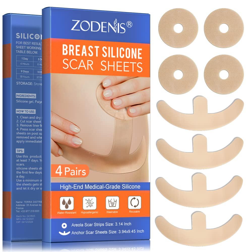 ZODENIS Silicone Scar Sheets, Silicone Scar Sheets for Breast 8 Pack, Breast Reduction After Surgery for Scars, Scar Removal Sheets, 4 Areola Soft Strips & 4 Anchor Sheets
