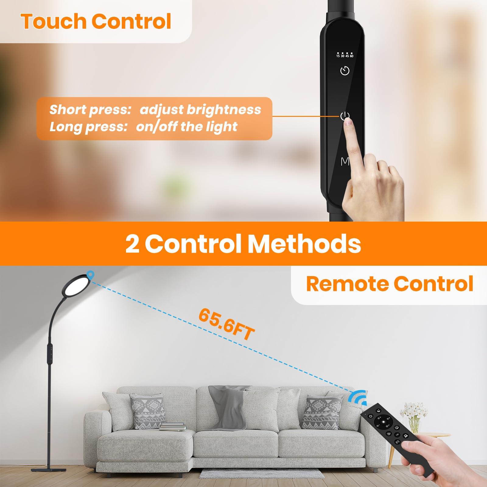 RICIAL RICIAL Light Therapy Lamp, Adjustable Brightness and Color 10000 Lux Sun Lamp, with Remote Control and Flexible Gooseneck Sunlight Lamp, 4 Timers & Memory Function Floor Lamp for Reading/Office/Home