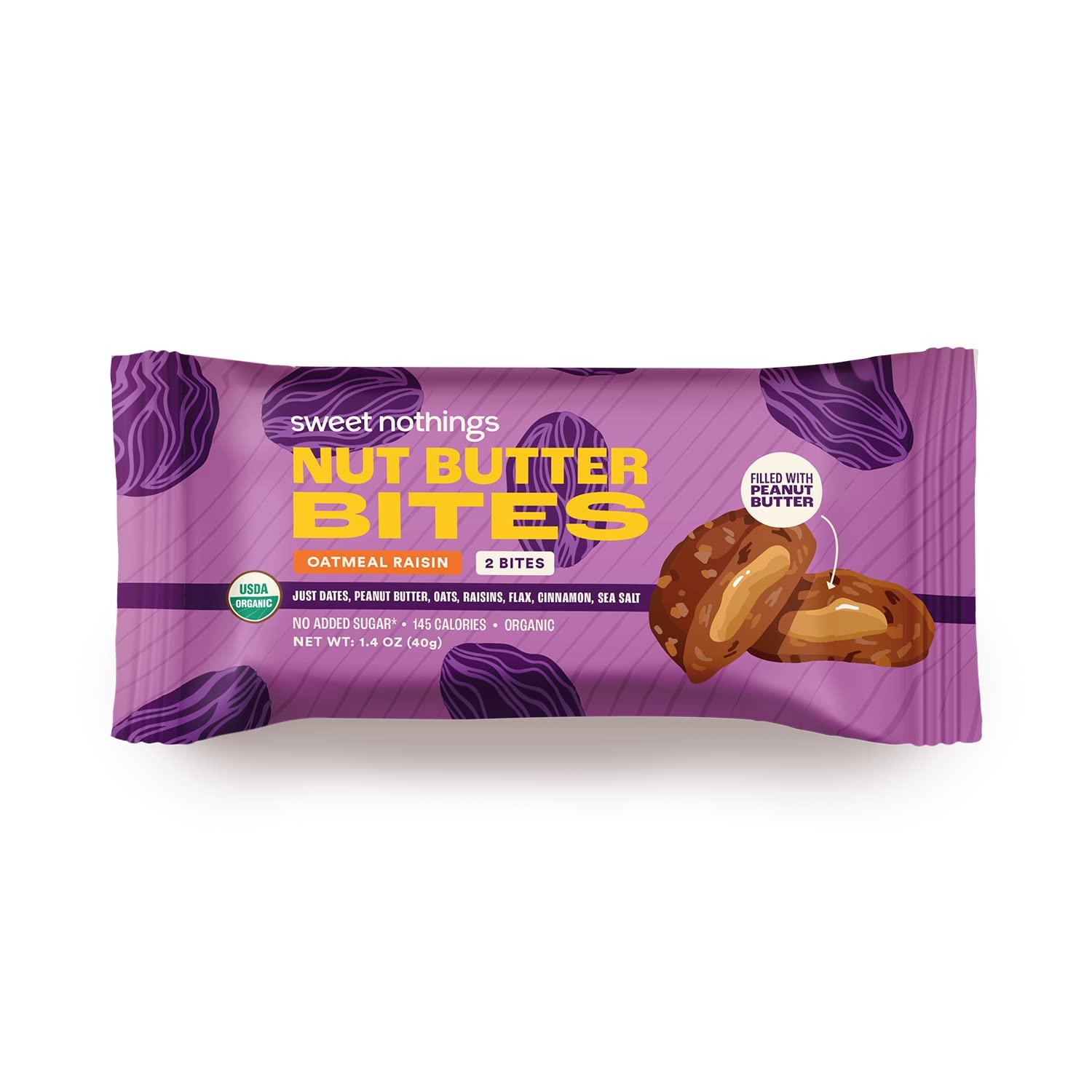 Sweet Nothings Sweet Nothings, Oatmeal Raisin, USDA Organic Nut Butter Bites Protein Bar, Nut & Date Snack, Filled with Peanut Butter, 12-2 Bite Value Packs - No Added Sugar, Plant Based, Vegan, Only 7 Ingredients