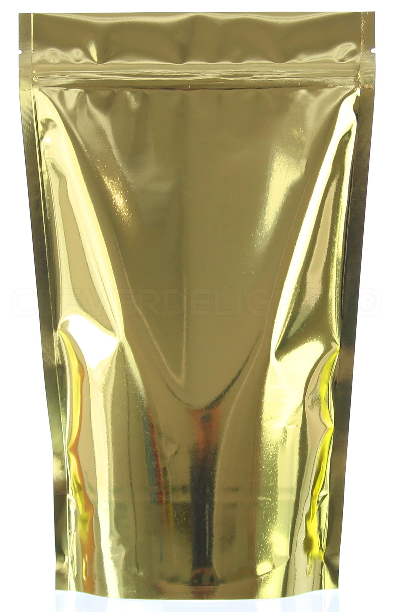 CleverDelights CleverDelights Gold Stand Up Pouches - 16oz - 100 Pack - 7\" x 11.5\" x 4\" - Resealable Bag