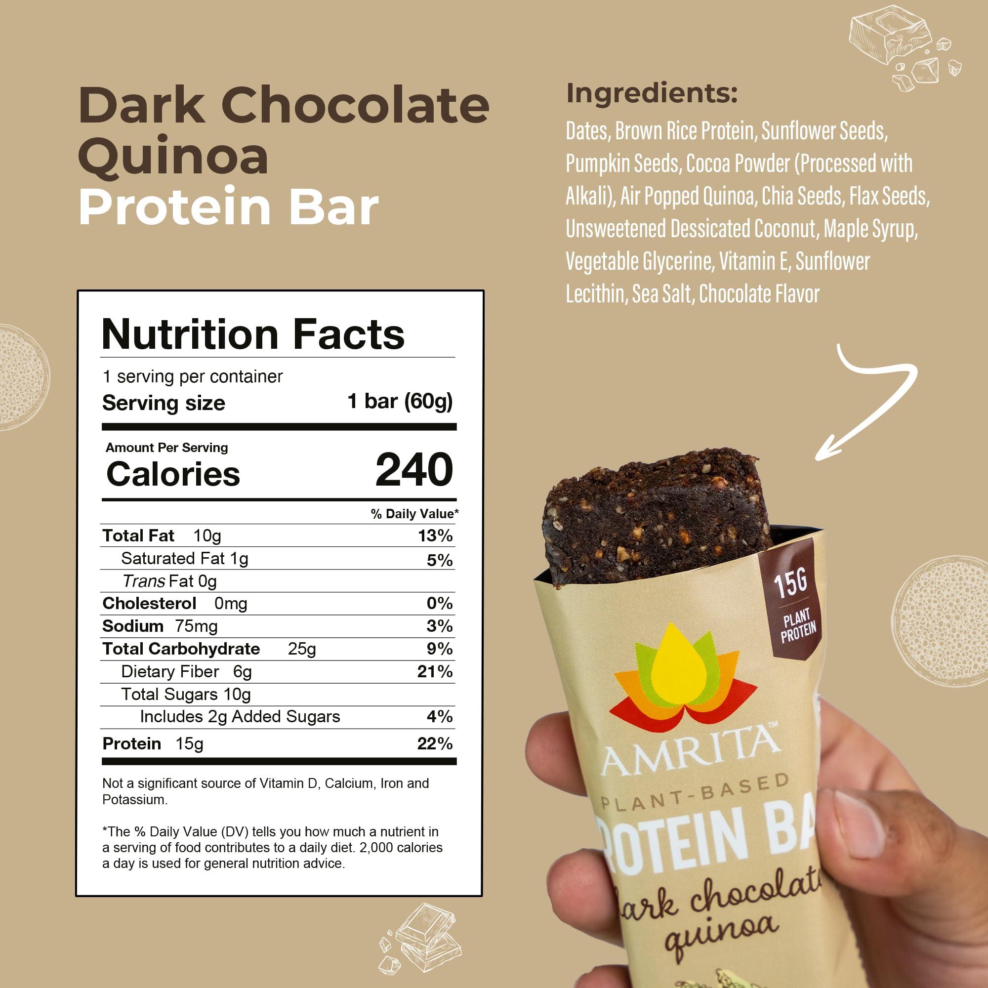 Amrita AMRITA Dark Chocolate Quinoa Vegan Protein Bars - Peanut/Dairy Free, Soy & Gluten Free - 15g of Plant Based Protein Bars - High Fiber, Low Sugar Meal Replacement Bar, Breakfast Bars, High Protein Bars