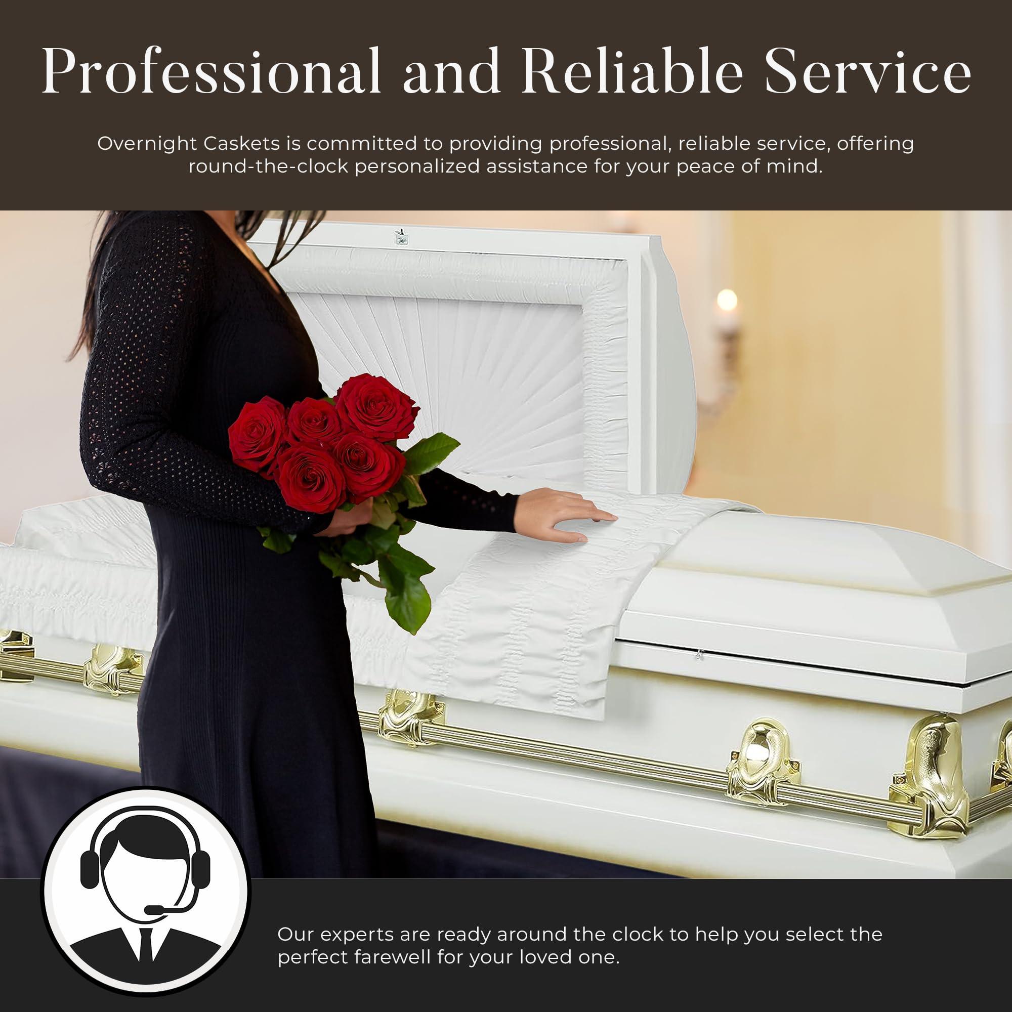 Overnight Caskets Overnight Caskets Spartan Collection Funeral Casket White with White Interior - 20 Gauge Steel - Fully Appointed Adult Casket - Coffin Featuring a Crepe Interior Lining with Pillow and Throw Set