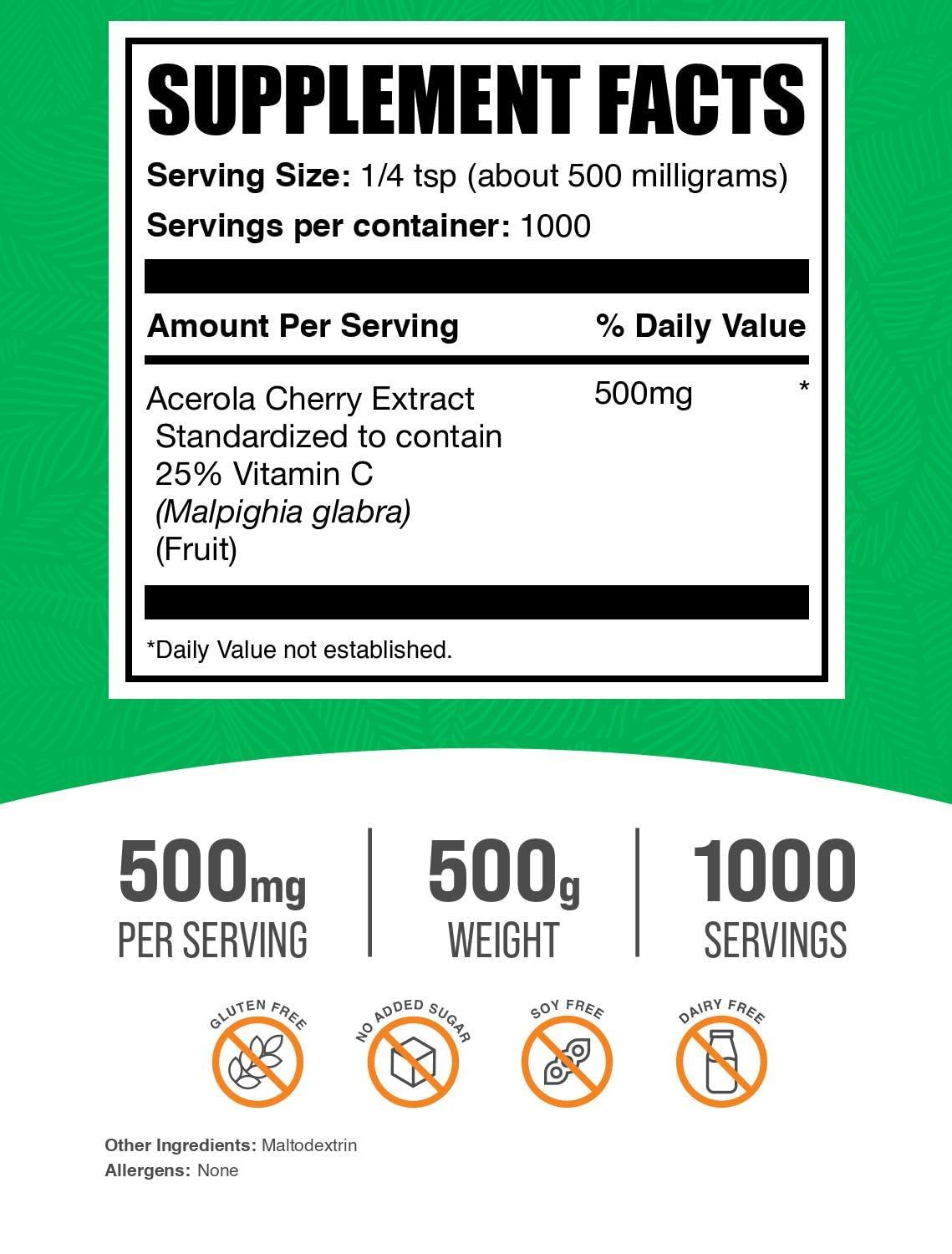 BULKSUPPLEMENTS.COM BulkSupplements.com Acerola Cherry Extract Powder - Natural Vitamin C Supplement, Acerola Cherry Powder - Vegan & Gluten Free, 500mg per Serving, 500g (1.1 lbs) (Pack of 1)