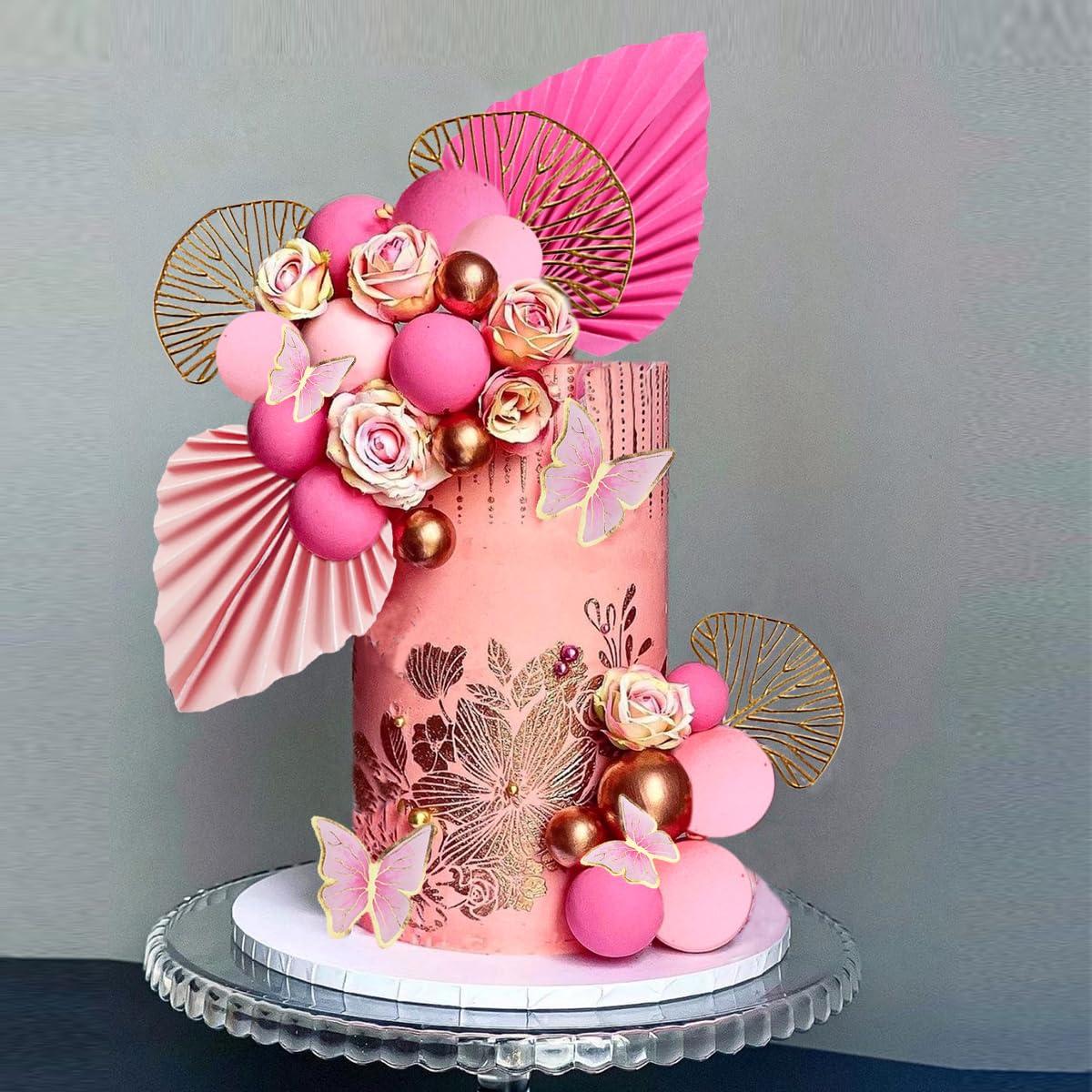 LEFUBABY Boho Flower Cake Toppers Balls Cake Decorations with Butterflies for Birthday Party Wedding Baby Shower Boho Themed Party Supplies (Hot Pink)