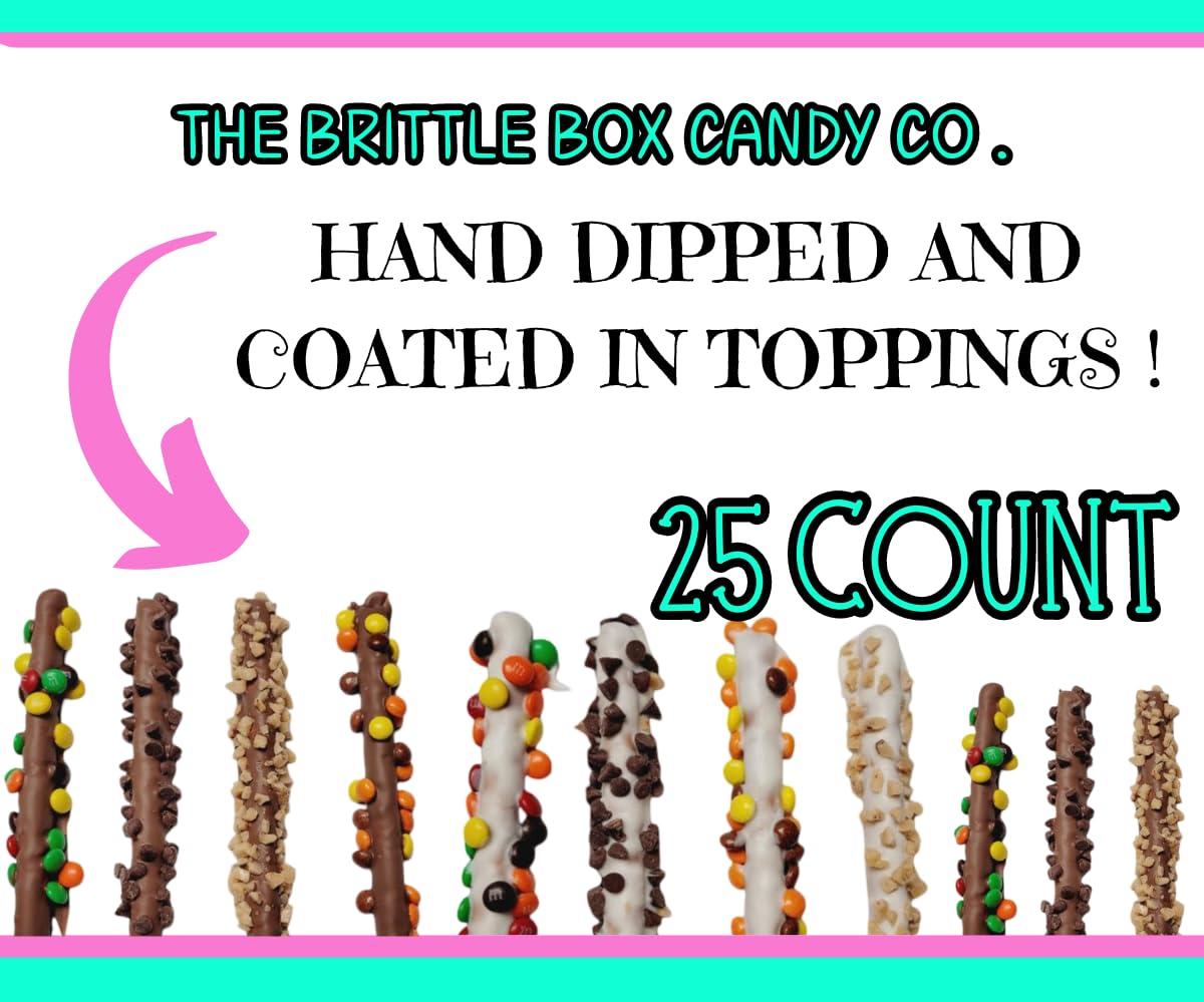 The Brittle Box Candy Co. Chocolate Covered Pretzel Rods 25 Count Gift Box Assorted Toppings