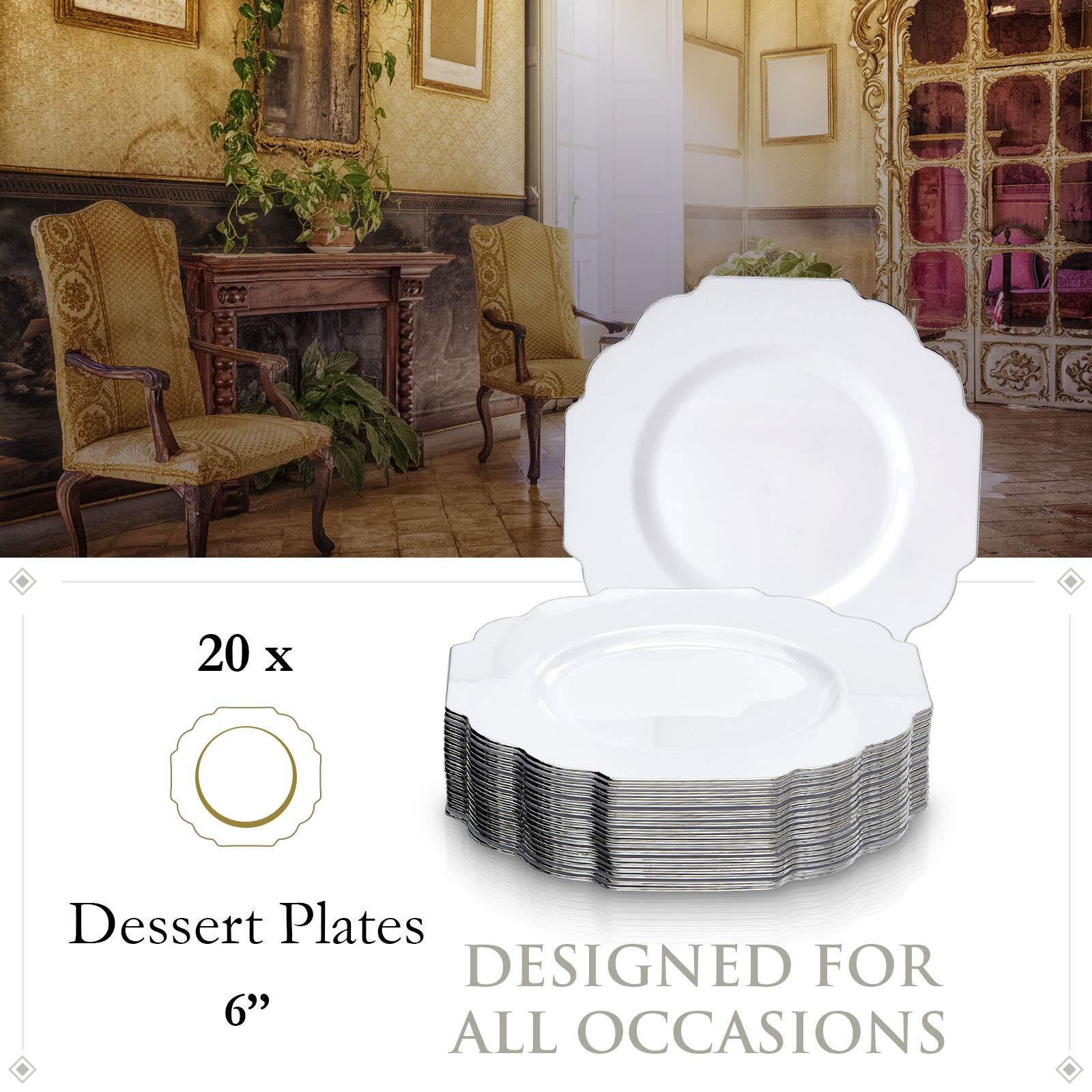 Silver Spoons SILVER SPOONS Elegant Plastic Plates for Party with Scalloped Rim (10 PC), Disposable Heavy-Duty Dessert Plates for Wedding Reception - 6, Fancy Plastic Dinnerware Sets with Silver Edge - White