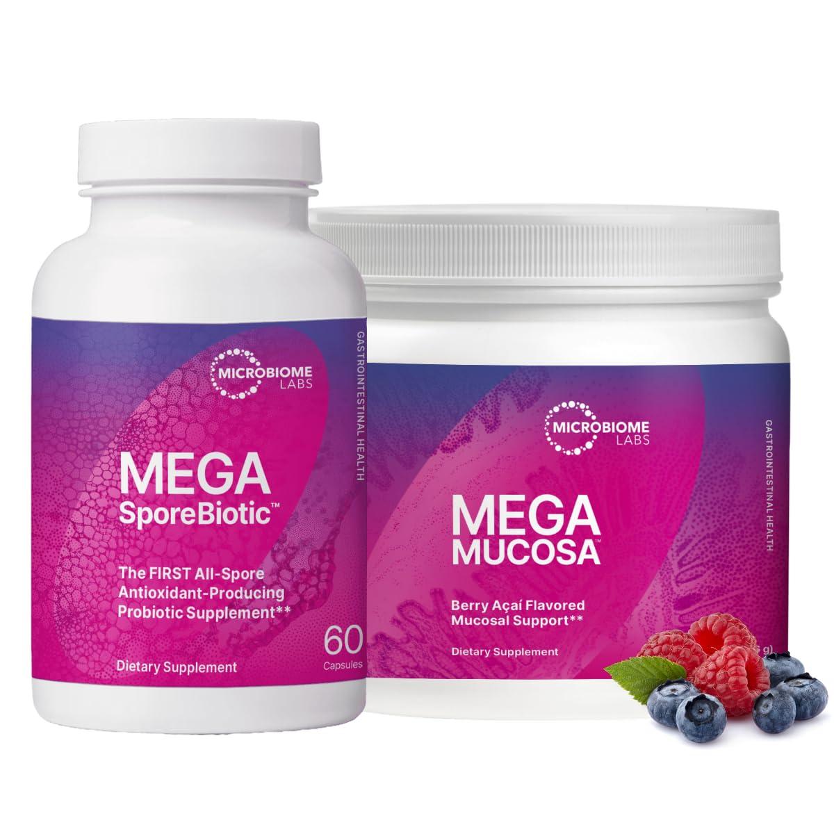 Microbiome Labs Microbiome Labs MegaSporeBiotic (60 Capsules) + MegaMucosa (5.5oz Powder) Probiotic and Gut Mucosal Support Bundle - Spore-Based Probiotic with Immunoglobulins, Amino Acids Powder Supplement