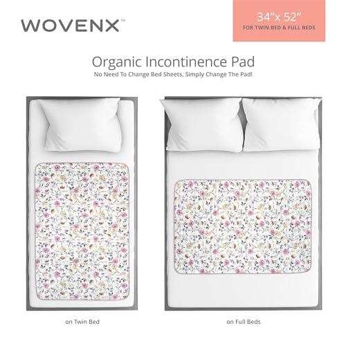 wovenx WOVENX Organic Incontinence Pads for Kids & Toddlers - 5 Layer Waterproof Protectors for Overnight Bed Wetting - Reusable & Washable Pee Pads - Fits Twin to Full Size Beds - 34\" x 52\" Flower