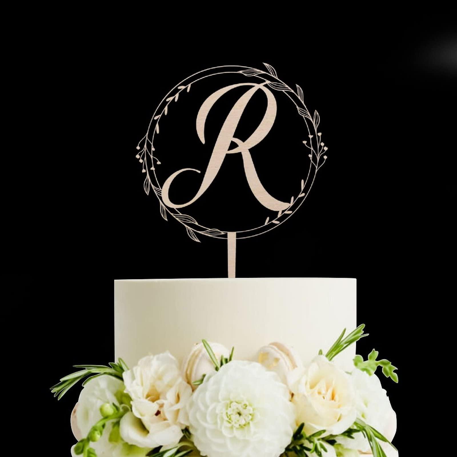 JuneLucky JuneLucky Initial Letter R Wedding Cake Topper Rustic Wood,Personalized Alphabet Letters Cake Toppers,Custom Monogram Wedding Cake Topper for Mrs & Mrs,Funny Birthday Cake Topper,Party Supplies