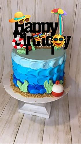 MUJUPOWL Funny Summer Happy Birthday Cake Topper Cartoon Beach Party Theme Happy Birthday Cake Topper for Kid's Adults Seaside Birthday Cake Topper (Beach)