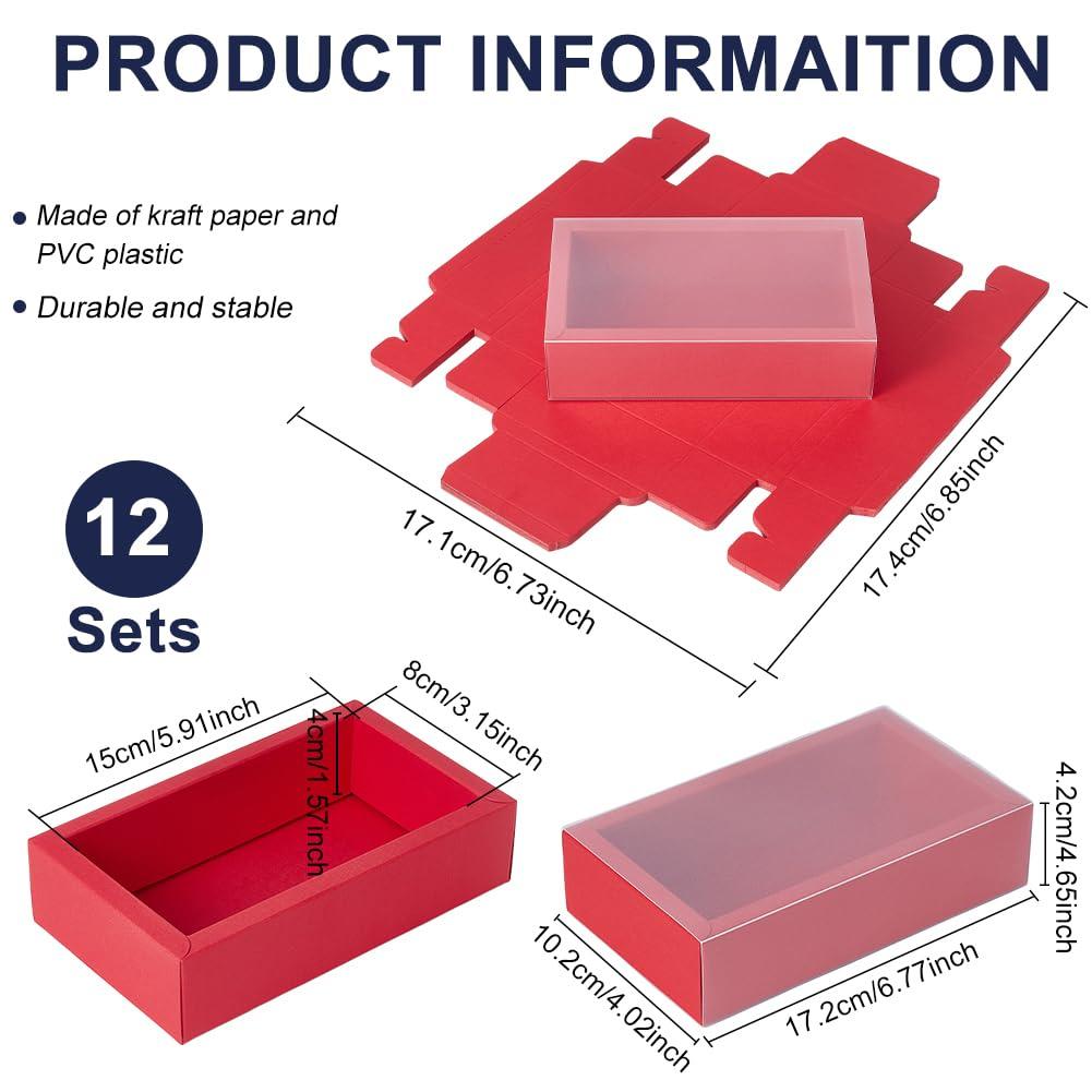 BENECREAT BENECREAT 12 Pack Red Rectangle Drawer Kraft Boxes, 17.2x10.2x4.2cm/6.77x4.02x1.65 inch Present Packaging Boxes with Frosted PVC Windows for Chocolates, Handmade Soap, Cosmetic Samples