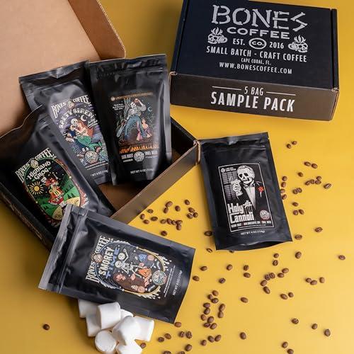 Bones Coffee Company Bones Coffee Company NEW Flavors! Favorite Flavors Sample Pack | 4 oz Pack of 5 Assorted Ground Coffee Beans | Low Acid Medium Roast Gourmet Coffee Beverages (Ground)