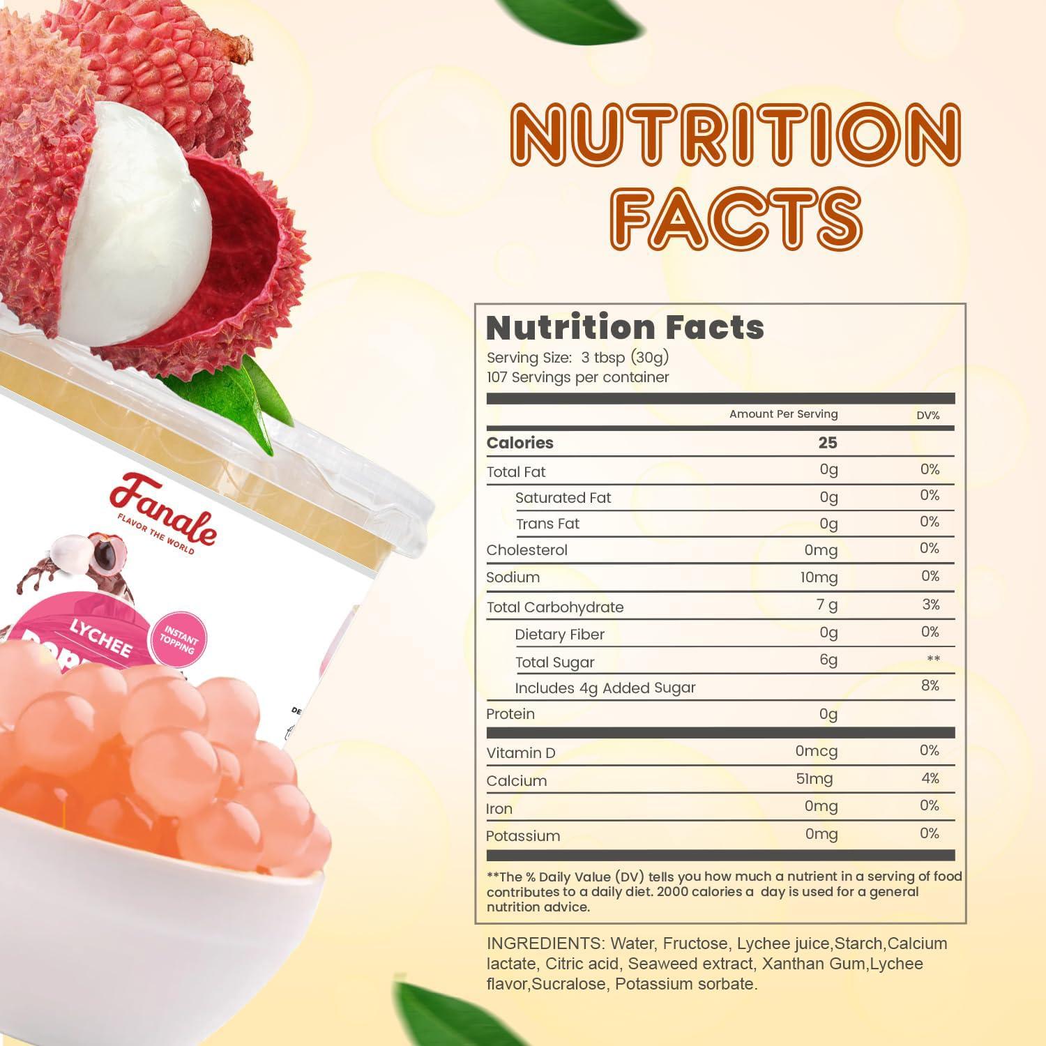 Fanale Fanale Lychee Popping Boba Pearls, Vegan, Non GMO, Gluten Free, Fat Free, Perfect for Bubble Tea, Smoothies, Ice Cream, Desserts, and Beverages.