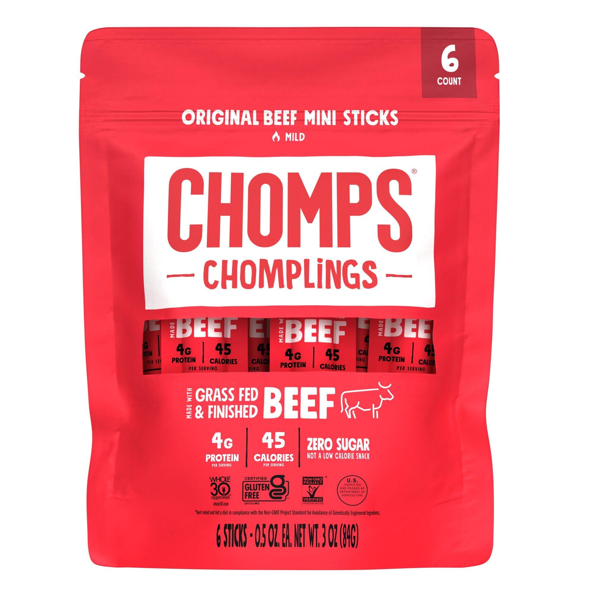 Chomps CHOMPS MINI Grass Fed Beef Jerky Meat Snack Sticks 0.5 Oz, Original Beef (Pack of 6)