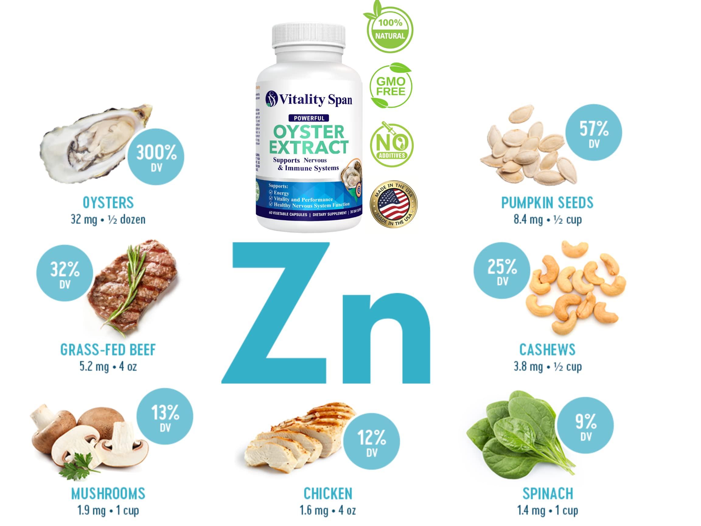 Vitality Span Vitality Span Oyster Extract - Pure, Highly Concentrated Supplement for Men & Women Supports Energy & Immune Boost; Zinc, Taurine, Amino Acids, and Vitamins, 500 mg, 60 Veg Capsules, Made in USA