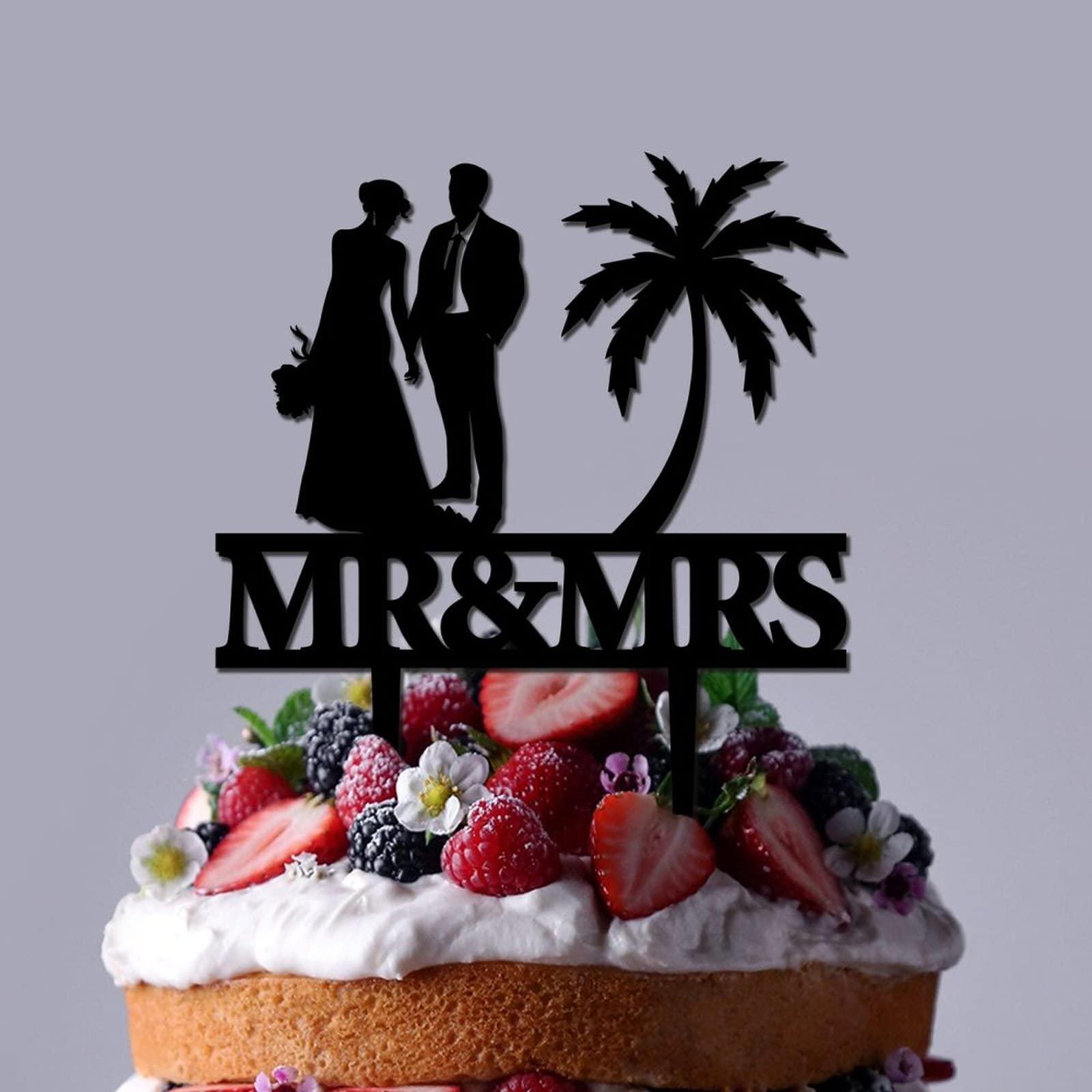 UanMere Cake Toppers Personalized Beach Theme Wedding Cake Toppers with Last Name Black Acrylic Anniversary Cake Topper Mr And Mrs Engagement Cake Supplies Boho Gifts for Married
