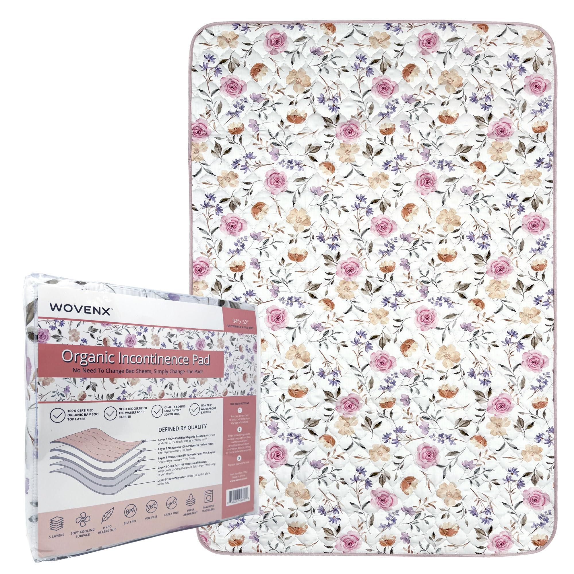 wovenx WOVENX Organic Incontinence Pads for Kids & Toddlers - 5 Layer Waterproof Protectors for Overnight Bed Wetting - Reusable & Washable Pee Pads - Fits Twin to Full Size Beds - 34\" x 52\" Flower