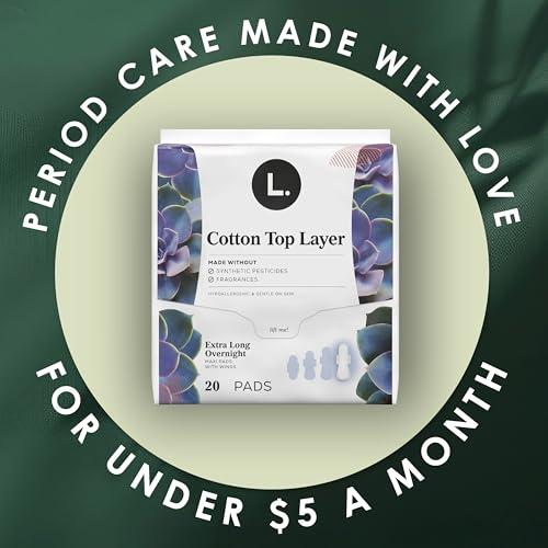 L. L. Pure Cotton Topsheet Pads for Women, Extra Long Overnight Pads, Maxi Pads with Wings, Unscented Menstrual Pads, 28 Count x 2 Packs (56 Count Total) (Packaging May Vary)