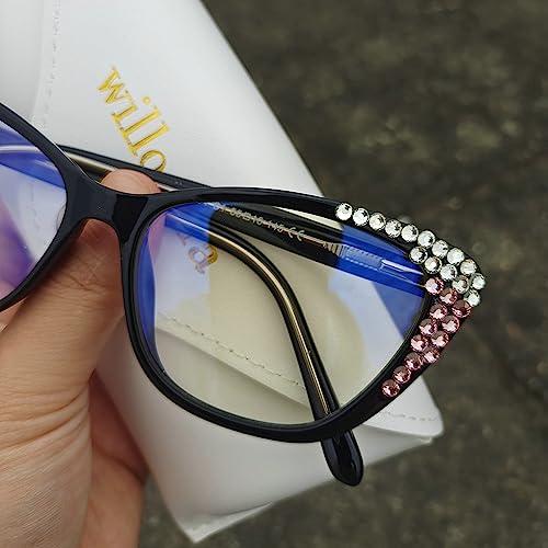 willochra willochra cat eye Bling Rhinestone Reading Glasses For Women Fashion Blue Light Blocking Reading Reader Computer Eyeglass (black, 1.25, multiplier_x)