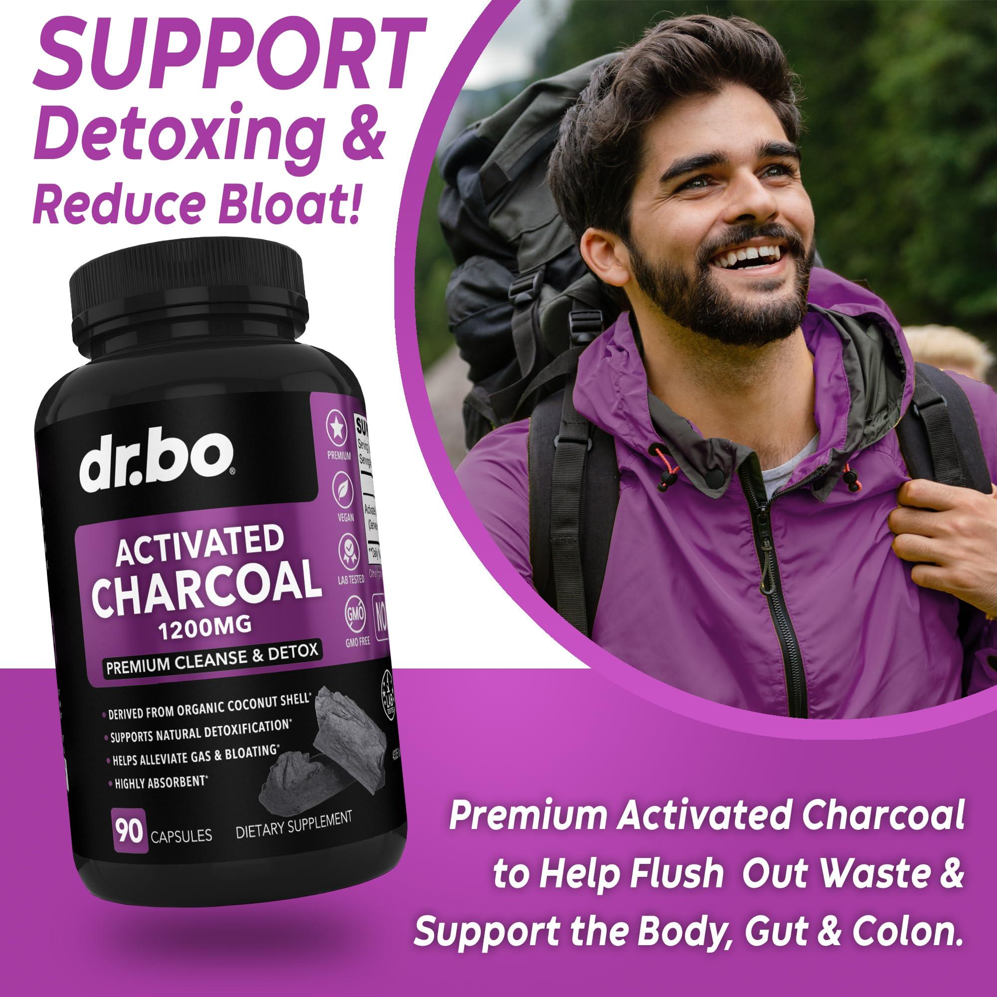 DR. BO Activated Charcoal Capsules Cleanse Detox - 1200mg Organic Coconut Charcoal Pills for Stomach Gas and Bloating Relief for Men Women Kids - Active Capsules Powder Binder Activated Supplements for Gut