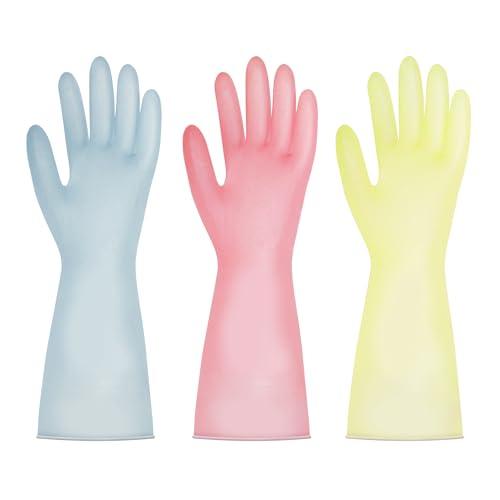 BOOMJOY BOOMJOY PVC Cleaning Gloves, Heavy Duty Dishwashing Gloves, Reusable Medium Gloves for Kitchen, Bathroom, Gardening, Working, Pet Care - Pink & Blue & Yellow, 3 Pairs, Size M