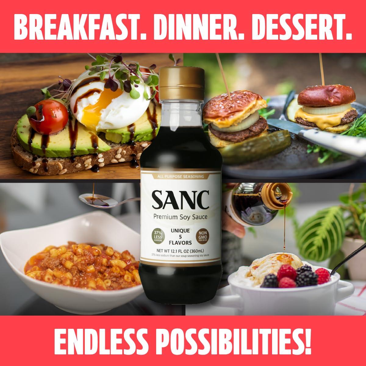 Shinangchon SANC All Purpose Korean Soy Sauce, 12.2 Fl Oz (Pack of 3) A Must-Have for Every Pantry, Low-Sodium Salt Substitute, NON-GMO Bean, No Artificial Additives, Naturally Brewed with Music Fermentation