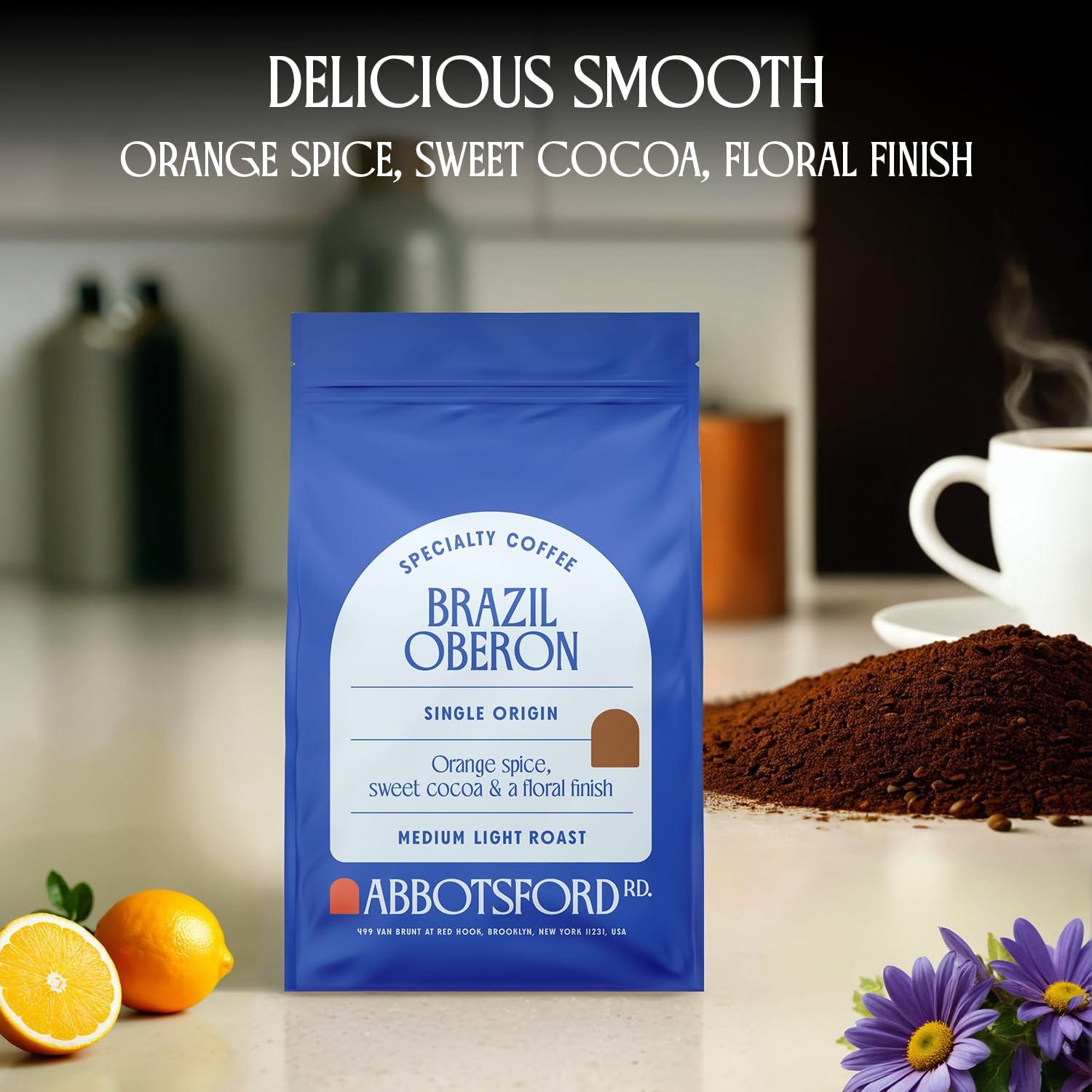 Abbotsford Road Brazil Oberon Ground Coffee, Medium Light Roast Ground Coffee with Orange Spice & Cocoa, 12 oz Brazilian Coffee Bag, Single Origin from Cerrado, Specialty Coffee for a Bright, Flavorful Brew