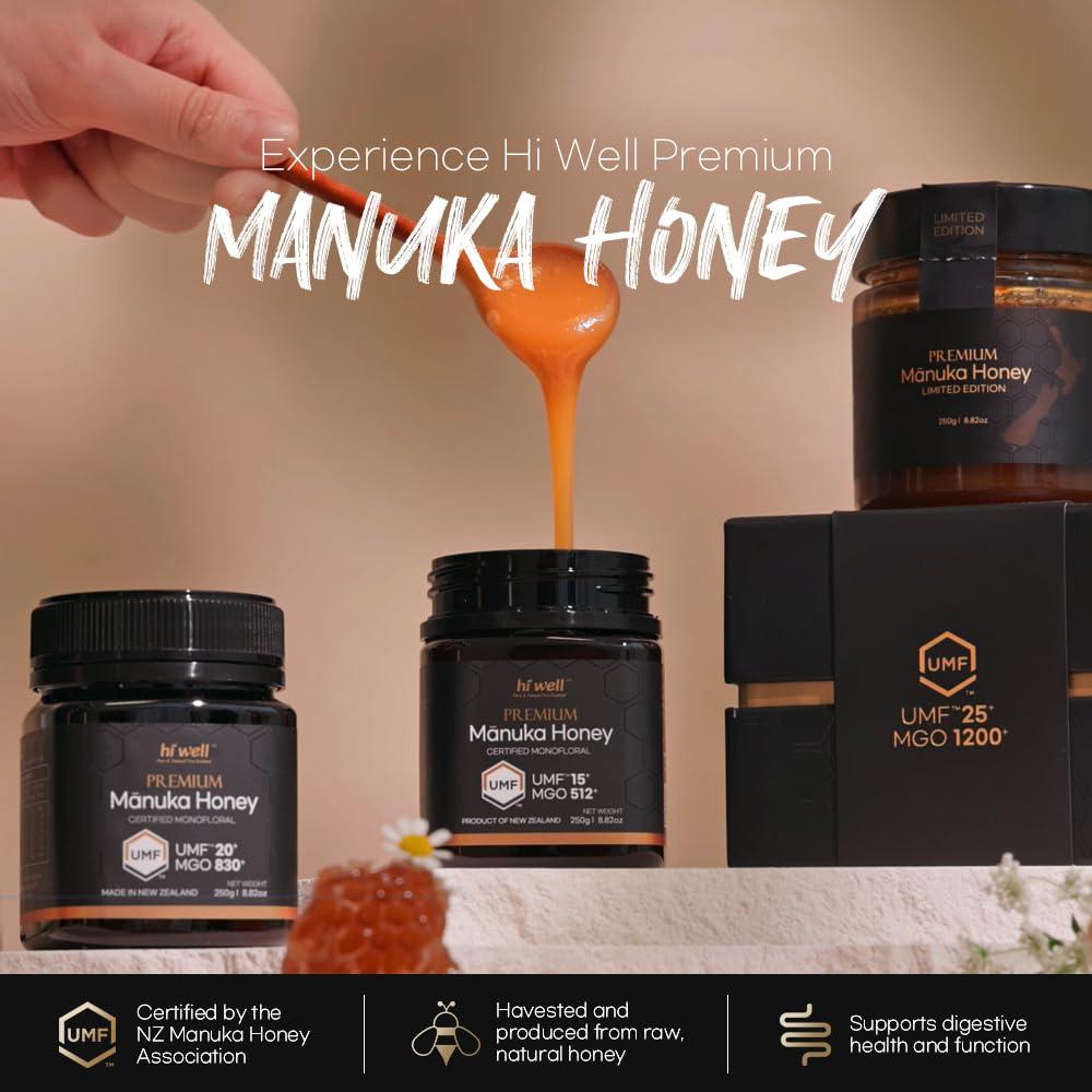 HI WELL PURE & NATURAL NEW ZEALAND Hi Well Premium Manuka Honey Certified Monofloral UMF 15+ MGO 515+ 250g