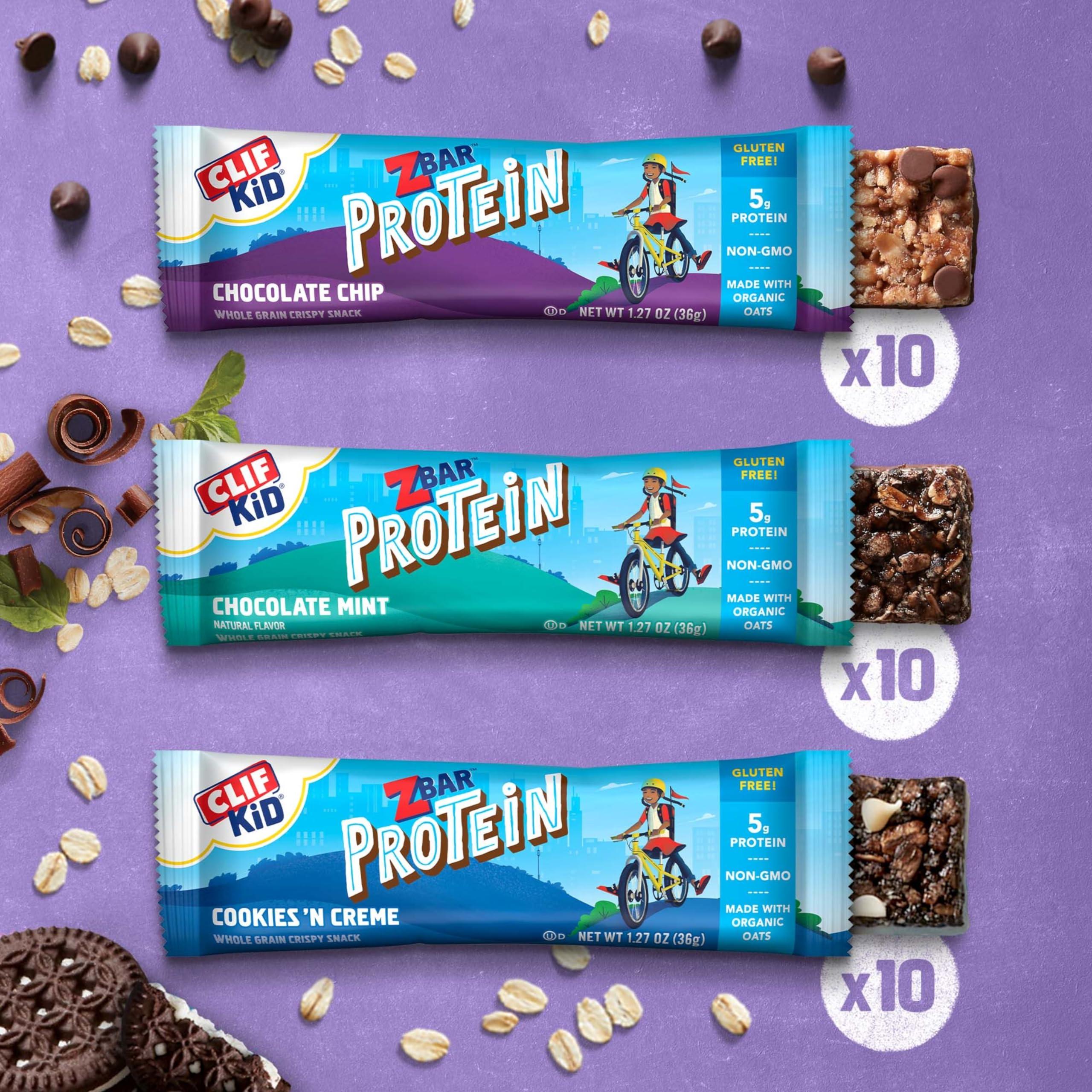 Clif Kid ZBar CLIF Kid Zbar Protein Bars - Chocolate Chip, Chocolate Mint, Cookies \'n Creme 30 Count & Chocolate Chip 15 Pack - 5g Protein per Bar
