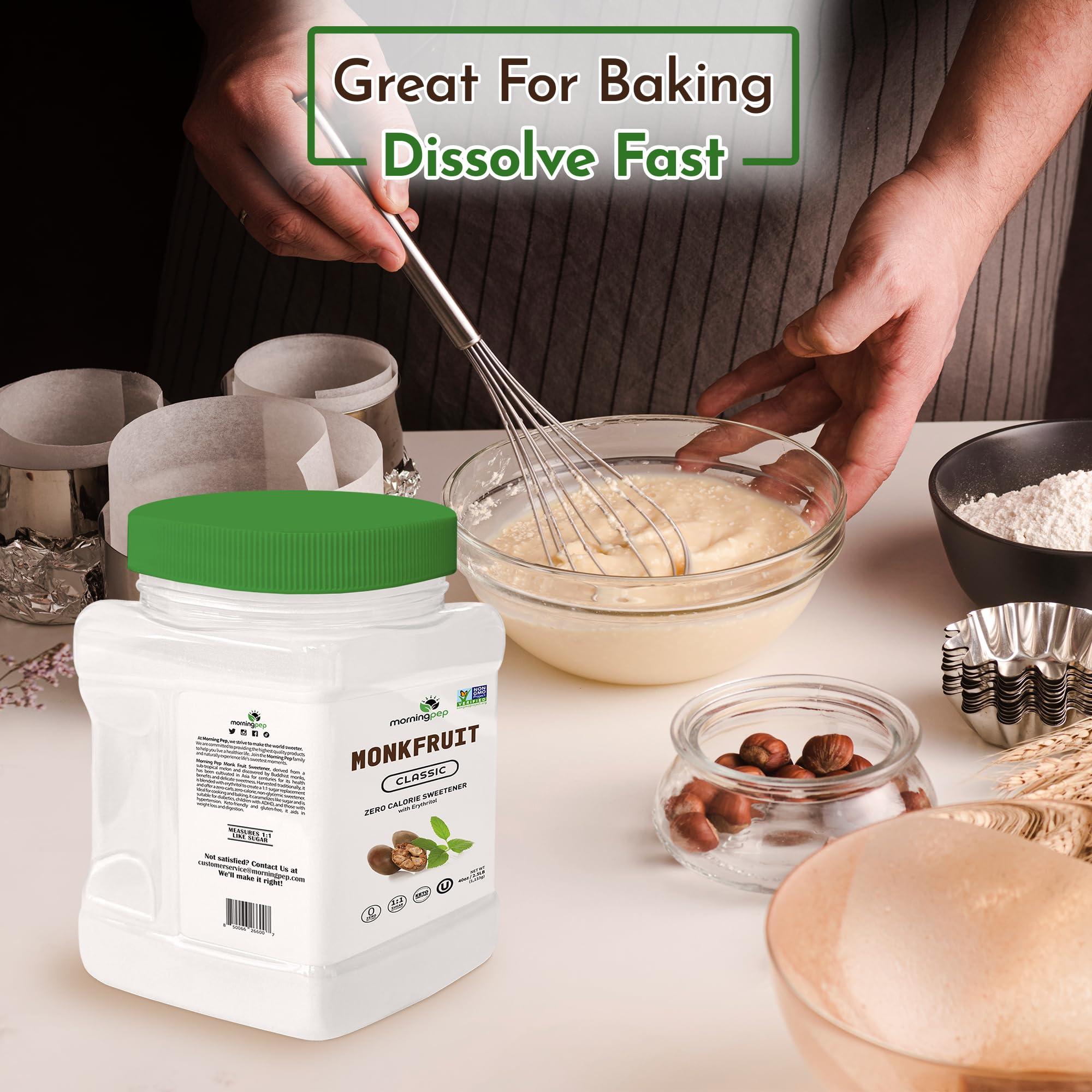 Morning Pep Morning Pep Monk Fruit Sweetener, Classic | White Sugar Substitute, Keto Diet Friendly, 1:1 Sugar Replacement, For Baking, Coffee, Tea, Zero Calorie Non Gmo Project Verified, OU Kosher, White - 2.5 lb