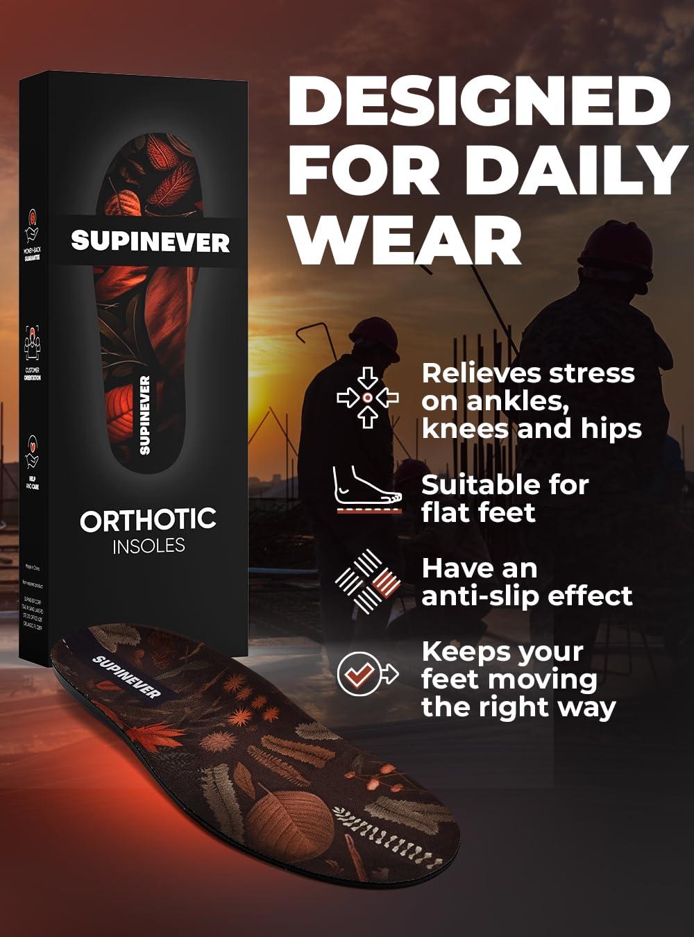 SUPINEVER () Work Boot Insoles for Men and Women - Low Arch Support - Effective Foot Pain Relief - All Day Comfort Orthotic Insoles - Shock-Absorbing Anti-Fatigue Shoe Inserts (S, Brown)