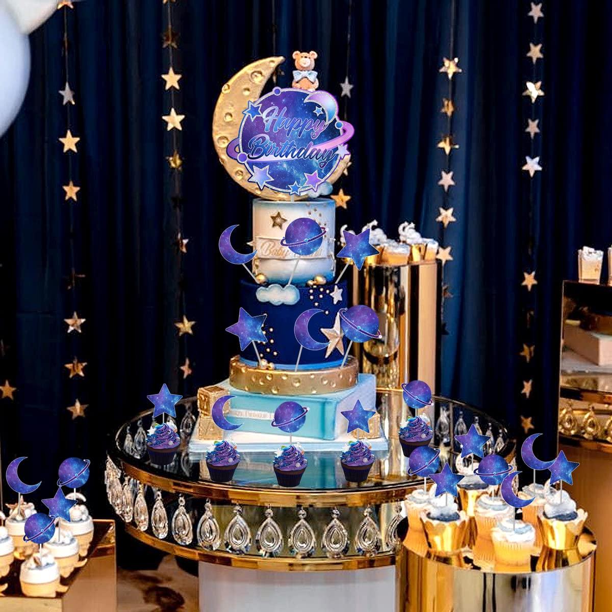 Kreatwow Galaxy Birthday Cake Decorations Solar System Happy Birthday Cake Topper Planets Star Planet Moon Outer Space Cupcake Toppers for Starry Sky Universe Space Themed Birthday Party Supplies - 25pcs