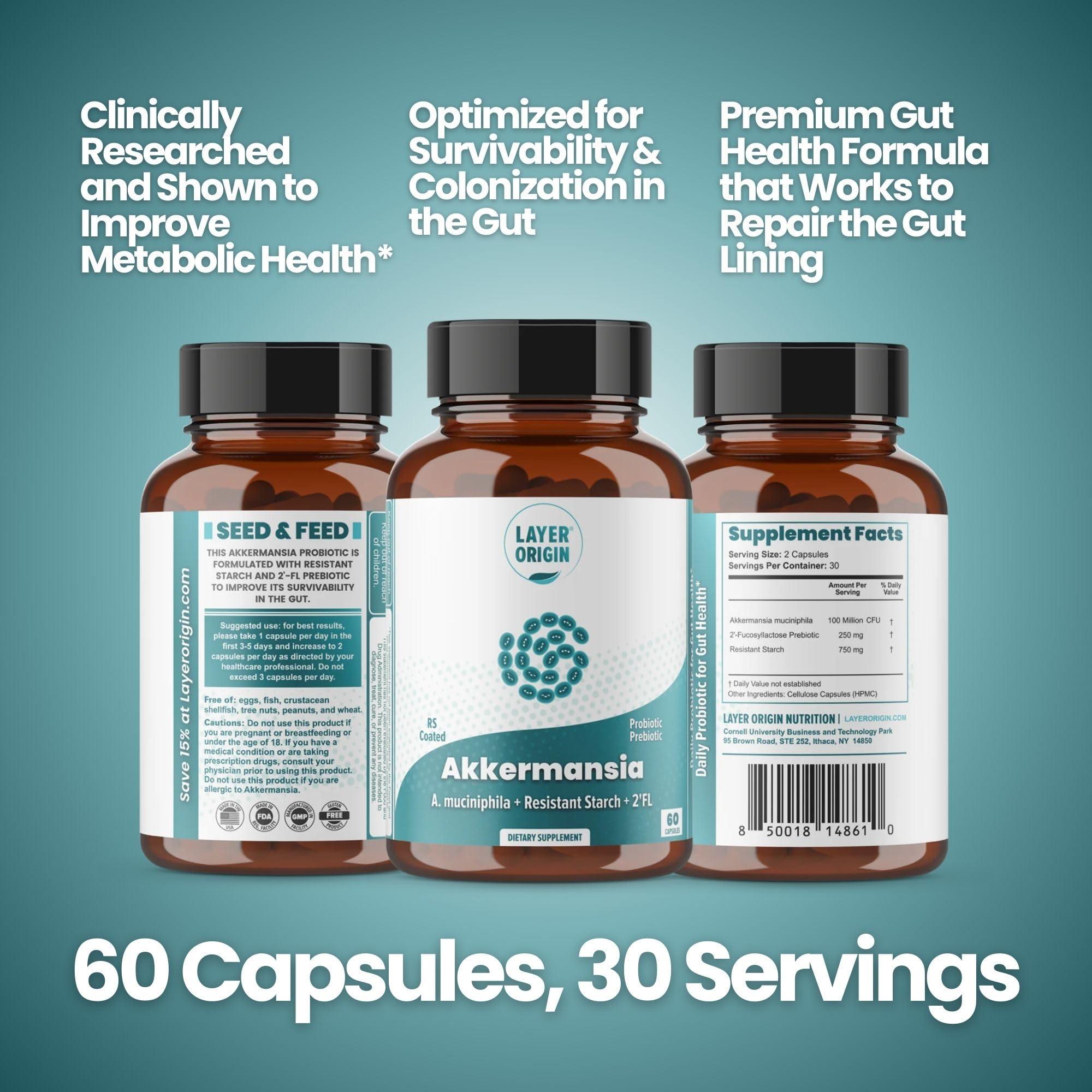 Layer Origin Layer Origin Akkermansia muciniphila Probiotic, The Only Akkermansia with PureHMO Prebiotic, Live, Validated Strain, 30-Day