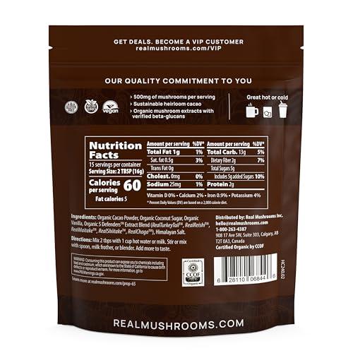 Real Mushrooms Real Mushrooms Organic Hot Chocolate Mix with 5 Defenders Turkey Tail, Chaga, Maitake, Shiitake, Reishi Mushroom - Cacao Powder Vegan Supplement, Gluten-Free, 15 Servings