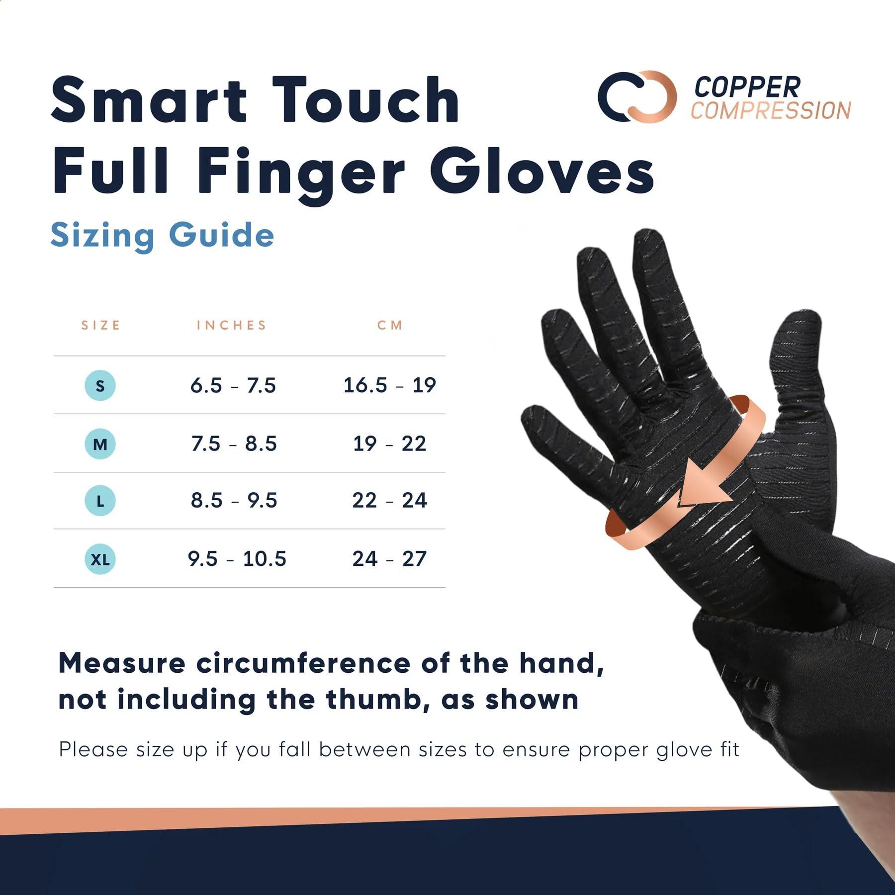 Copper Compression Copper Compression Full Finger Arthritis Gloves - Palm Grips - Touch Screen Fingertips - Compression Support for Carpal Tunnel, Pain Relief, Tendonitis - Fits Men & Women - 1 Pair - XL
