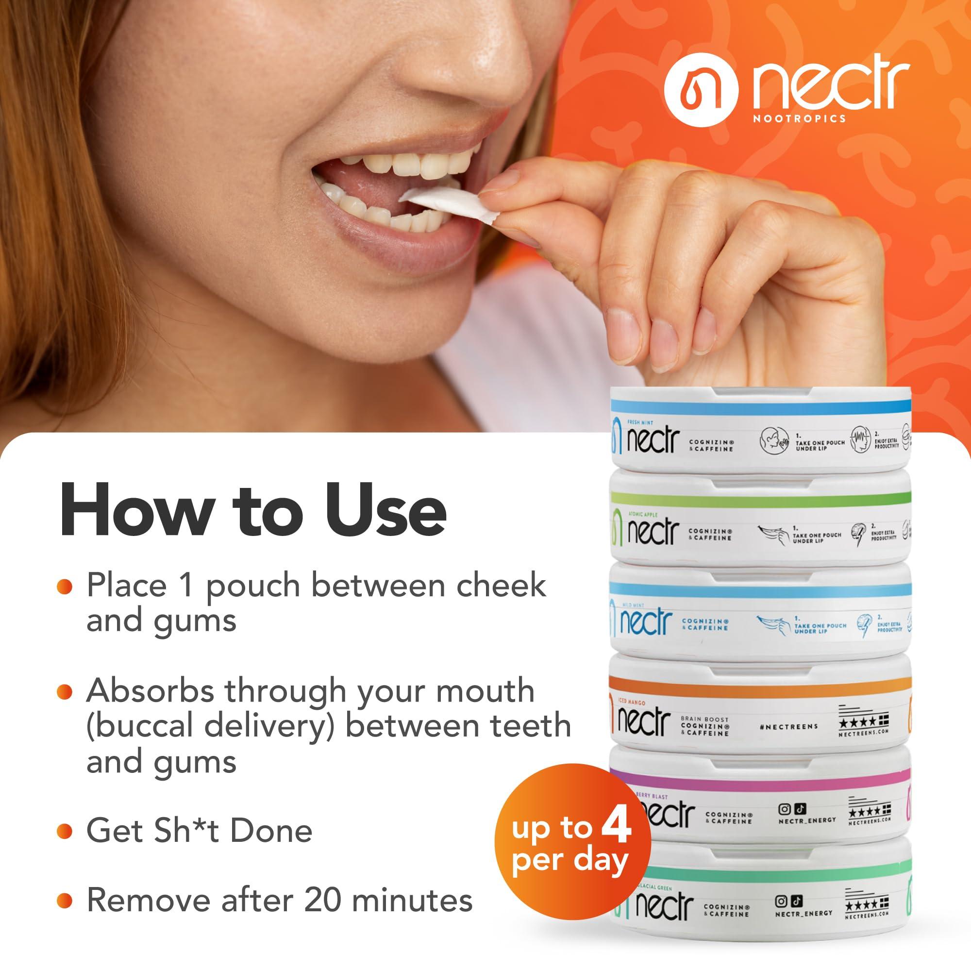 Nectr Nectr Nootropic Energy Pouches, Focus & Energy, Iced Mango, Cognizin 62.5 mg, Caffeine 30 mg, 16 Pouches, Neuro Support, Sugar Free, 5 Pack of Cans