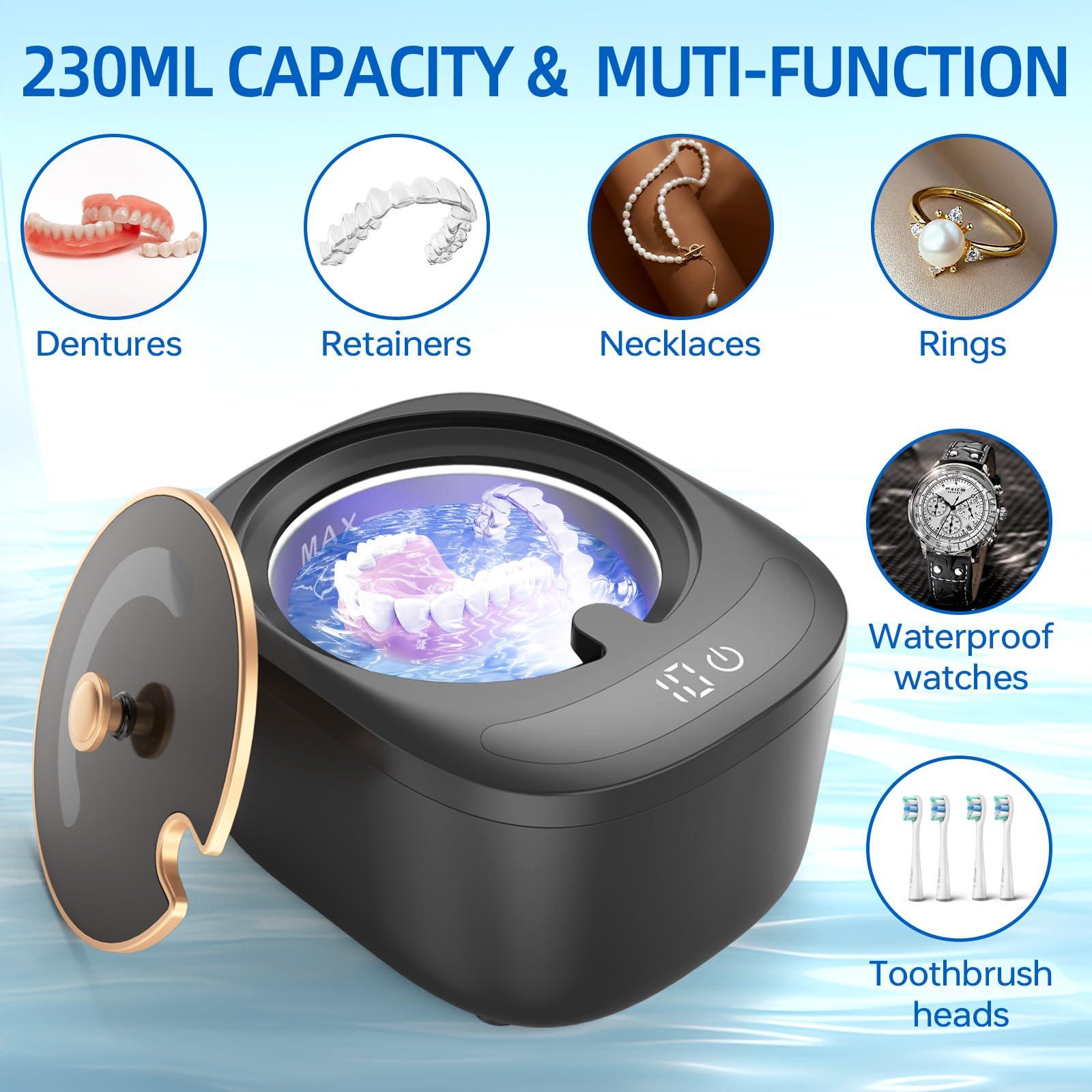 Raccomb Ultrasonic Cleaner for Retainer, Dentures, Mouth Guard, Aligner, Whitening Trays, 255ML 43kHz Jewelry Cleaner Ultrasonic Machine, Portable Ultrasonic Retainer Cleaner for Home Travel, Ideal Gift